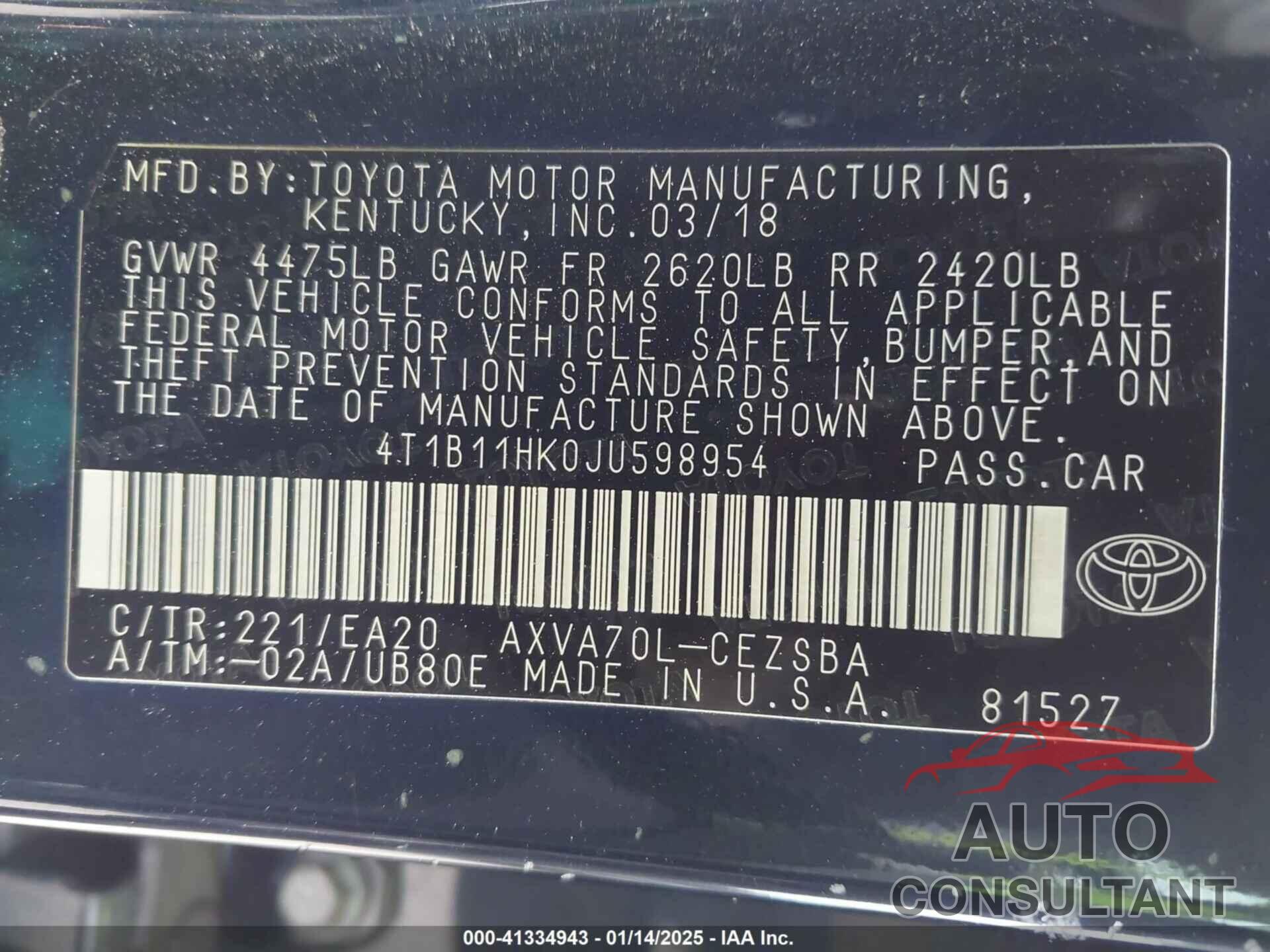 TOYOTA CAMRY 2018 - 4T1B11HK0JU598954