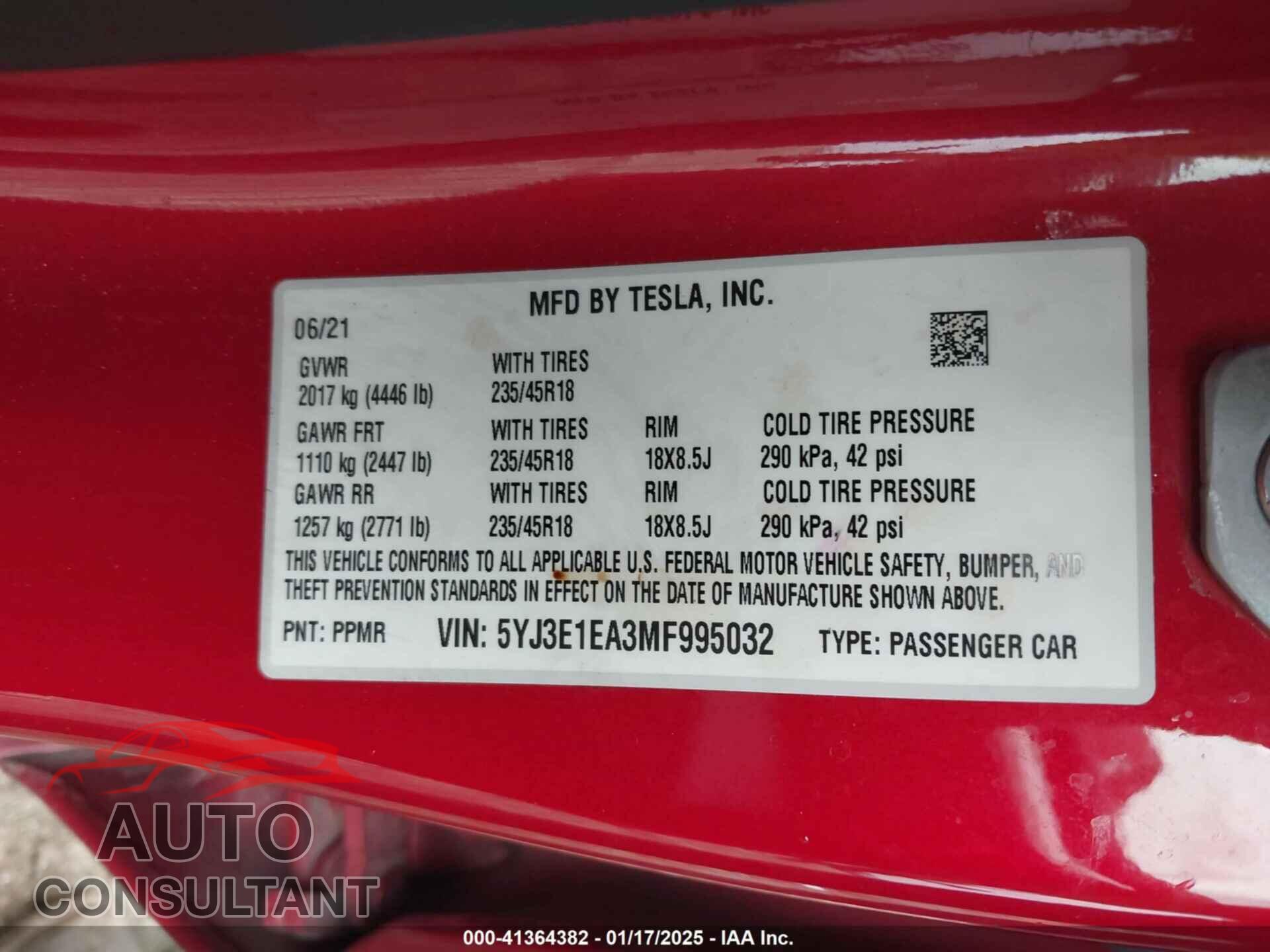 TESLA MODEL 3 2021 - 5YJ3E1EA3MF995032
