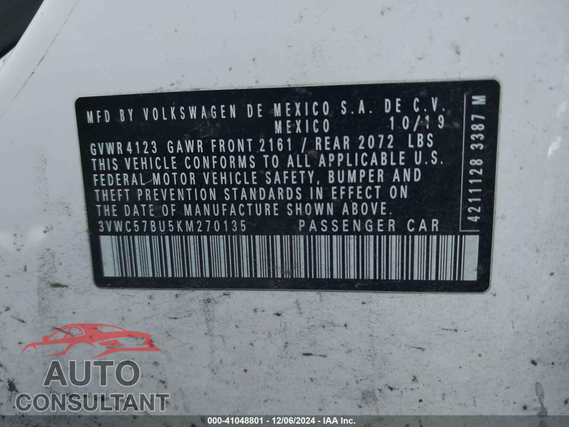 VOLKSWAGEN JETTA 2019 - 3VWC57BU5KM270135