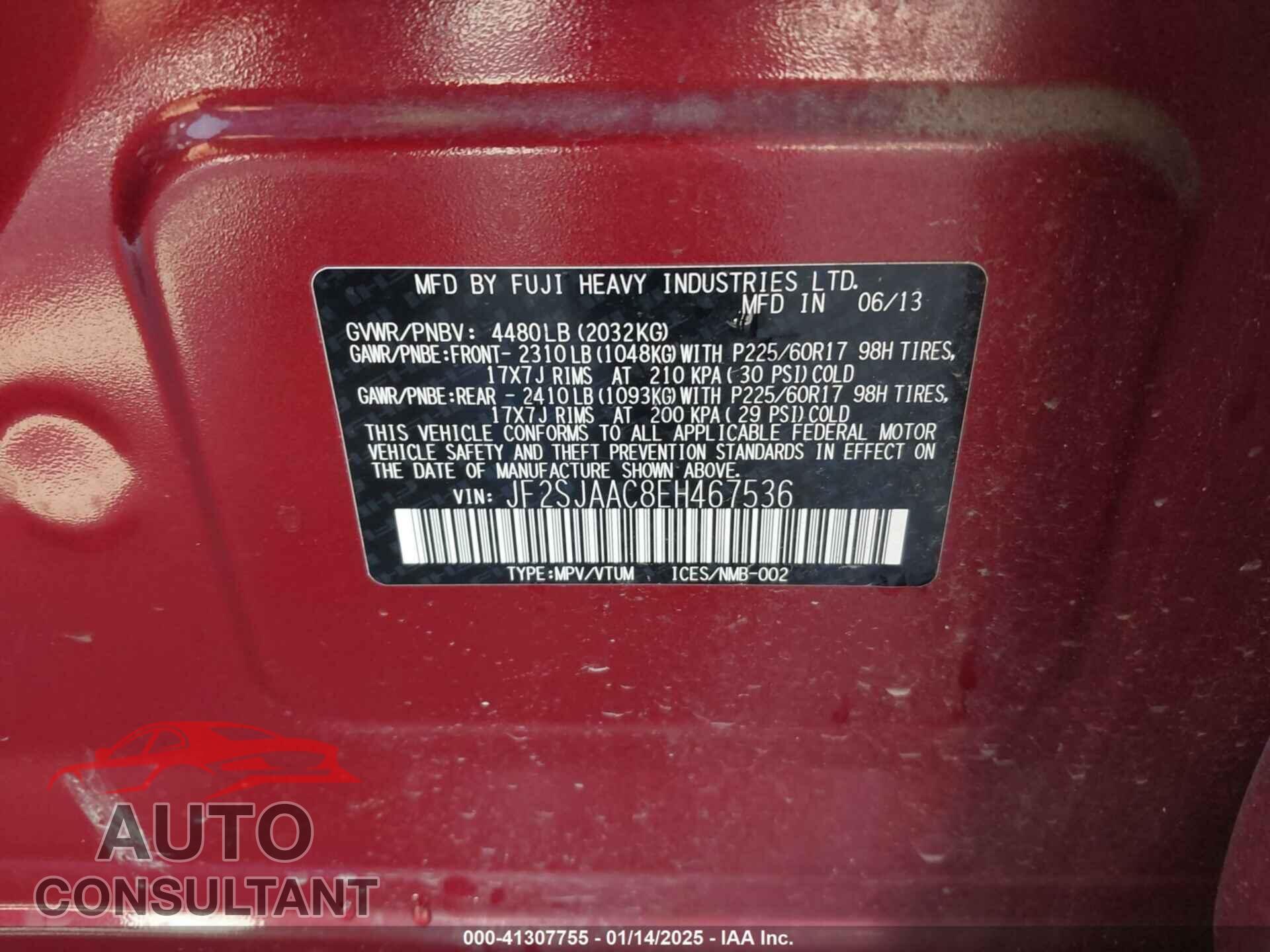 SUBARU FORESTER 2014 - JF2SJAAC8EH467536