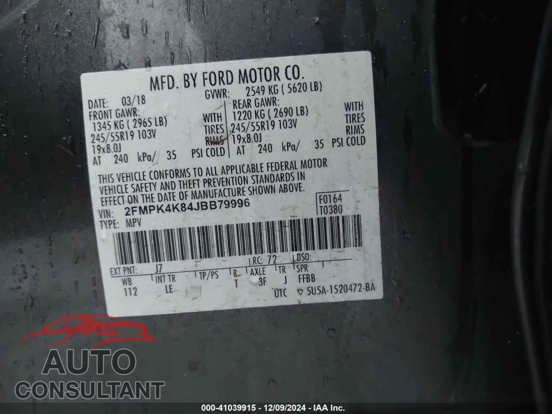 FORD EDGE 2018 - 2FMPK4K84JBB79996