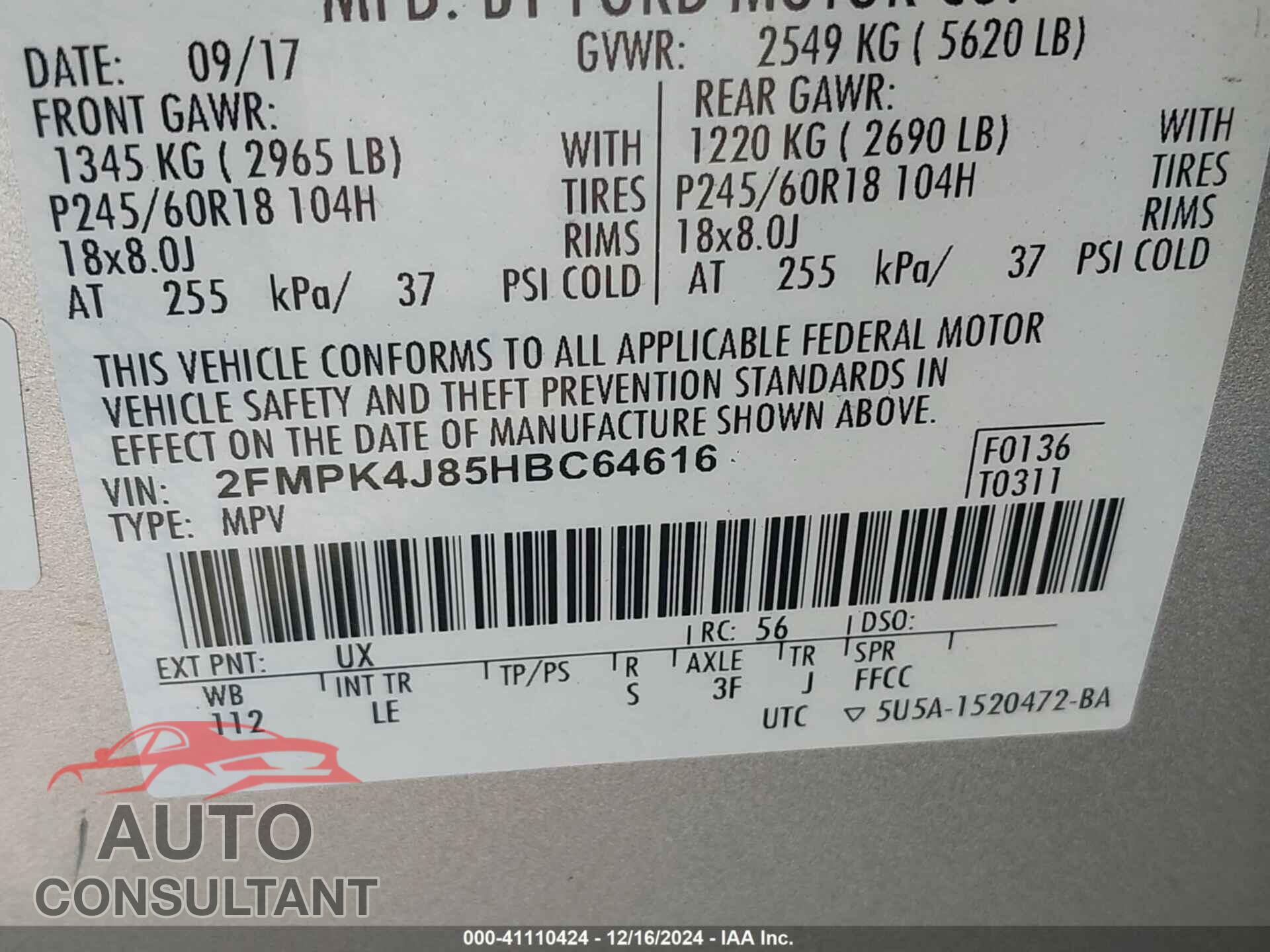FORD EDGE 2017 - 2FMPK4J85HBC64616