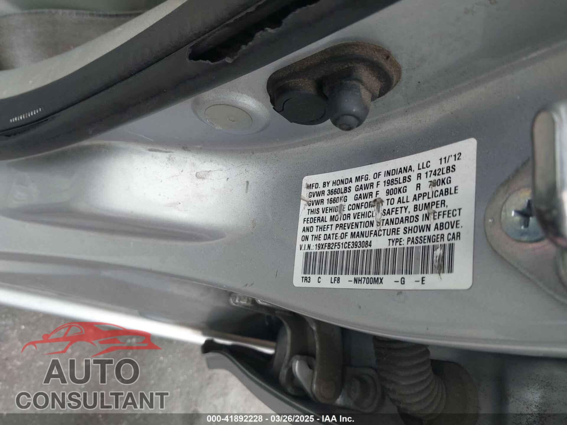 HONDA CIVIC 2012 - 19XFB2F51CE393084