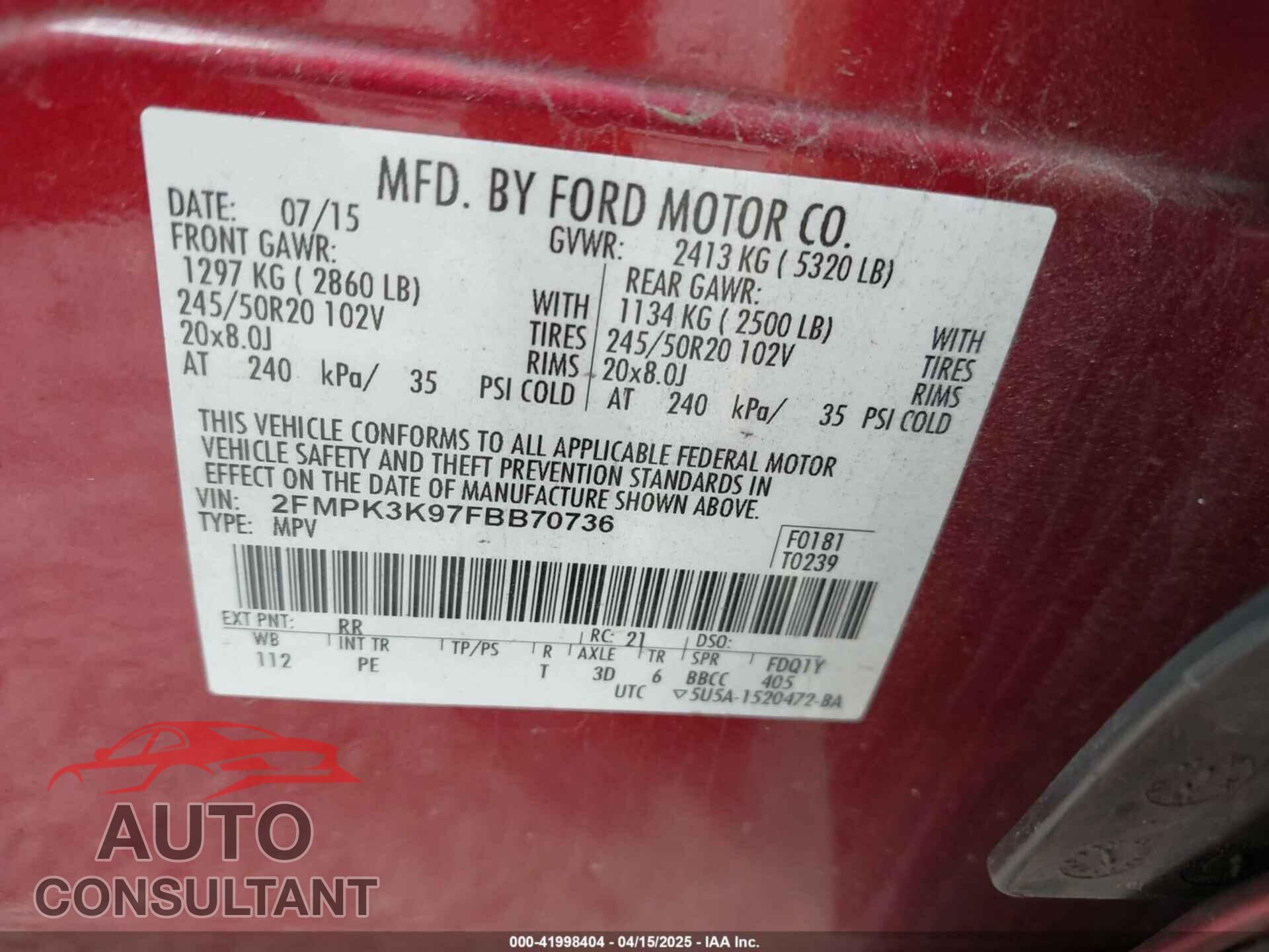 FORD EDGE 2015 - 2FMPK3K97FBB70736
