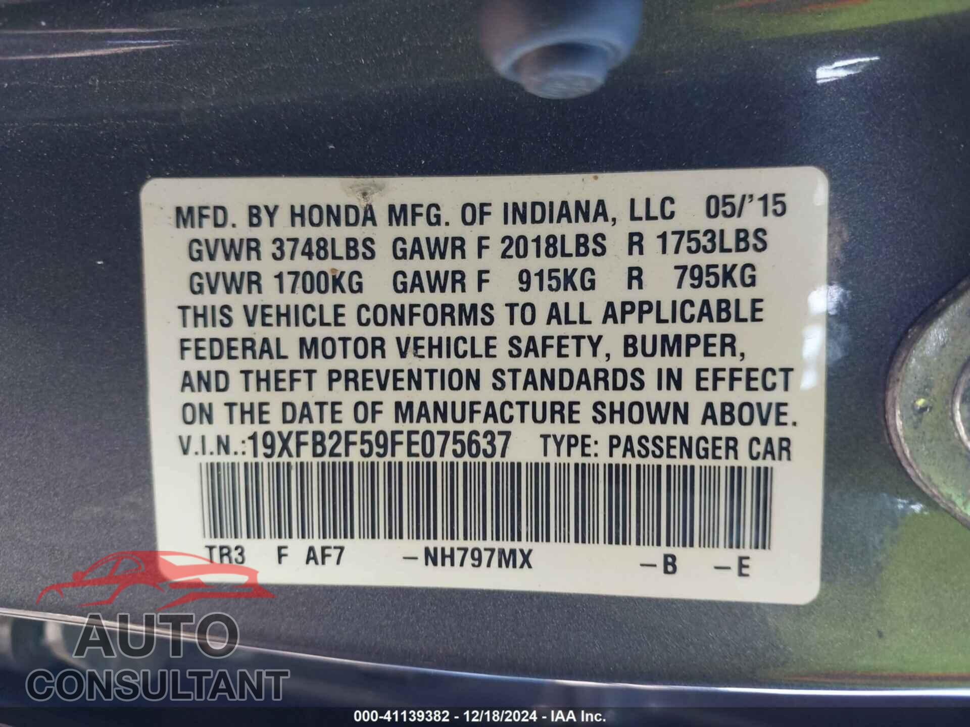 HONDA CIVIC 2015 - 19XFB2F59FE075637