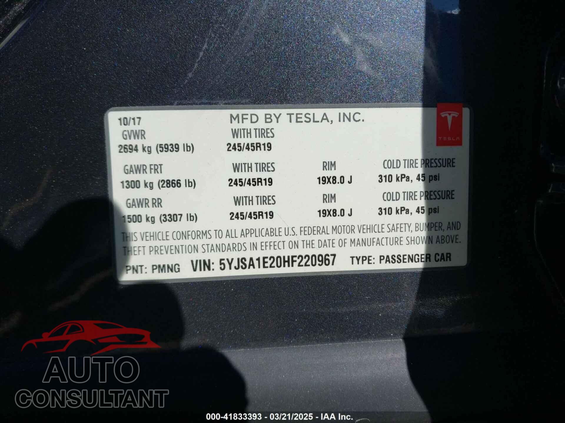 TESLA MODEL S 2017 - 5YJSA1E20HF220967