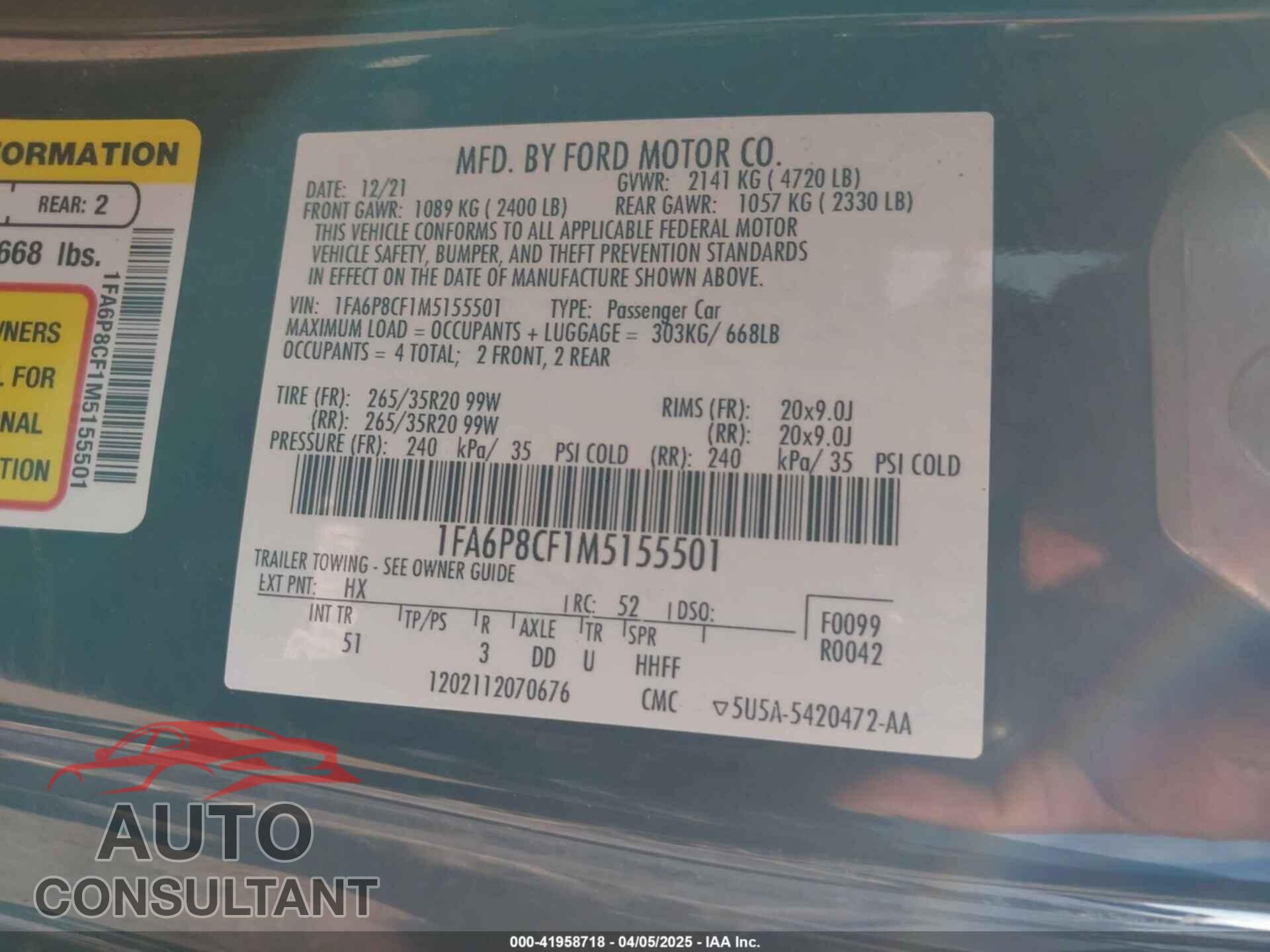 FORD MUSTANG 2021 - 1FA6P8CF1M5155501