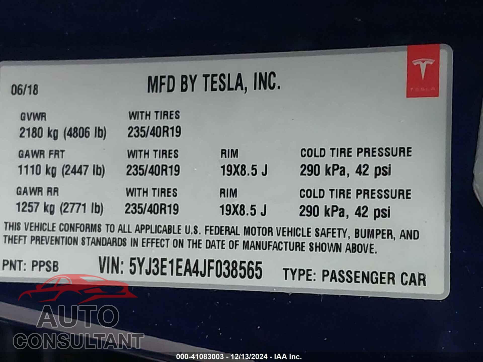TESLA MODEL 3 2018 - 5YJ3E1EA4JF038565