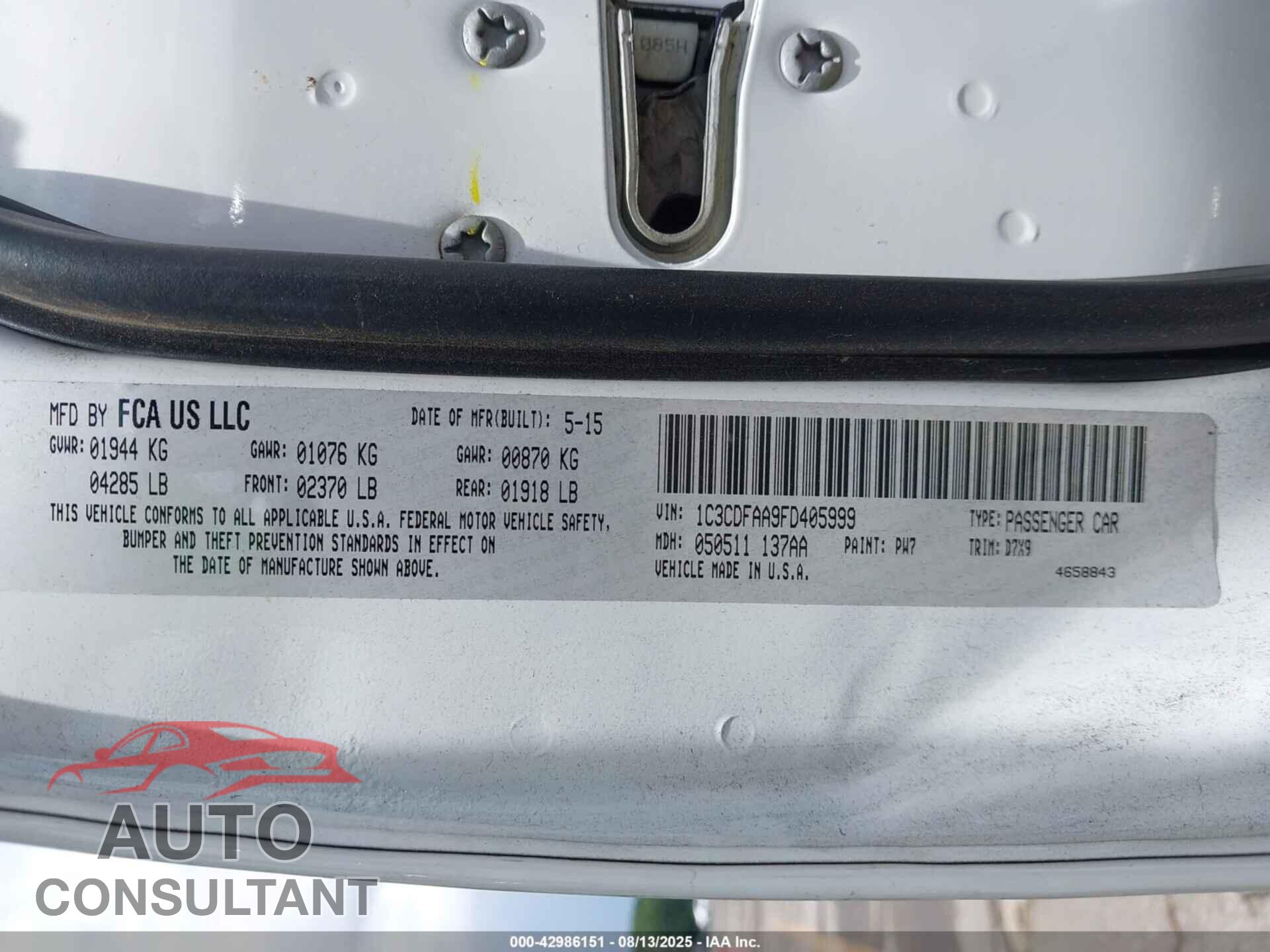 DODGE DART 2015 - 1C3CDFAA9FD405999