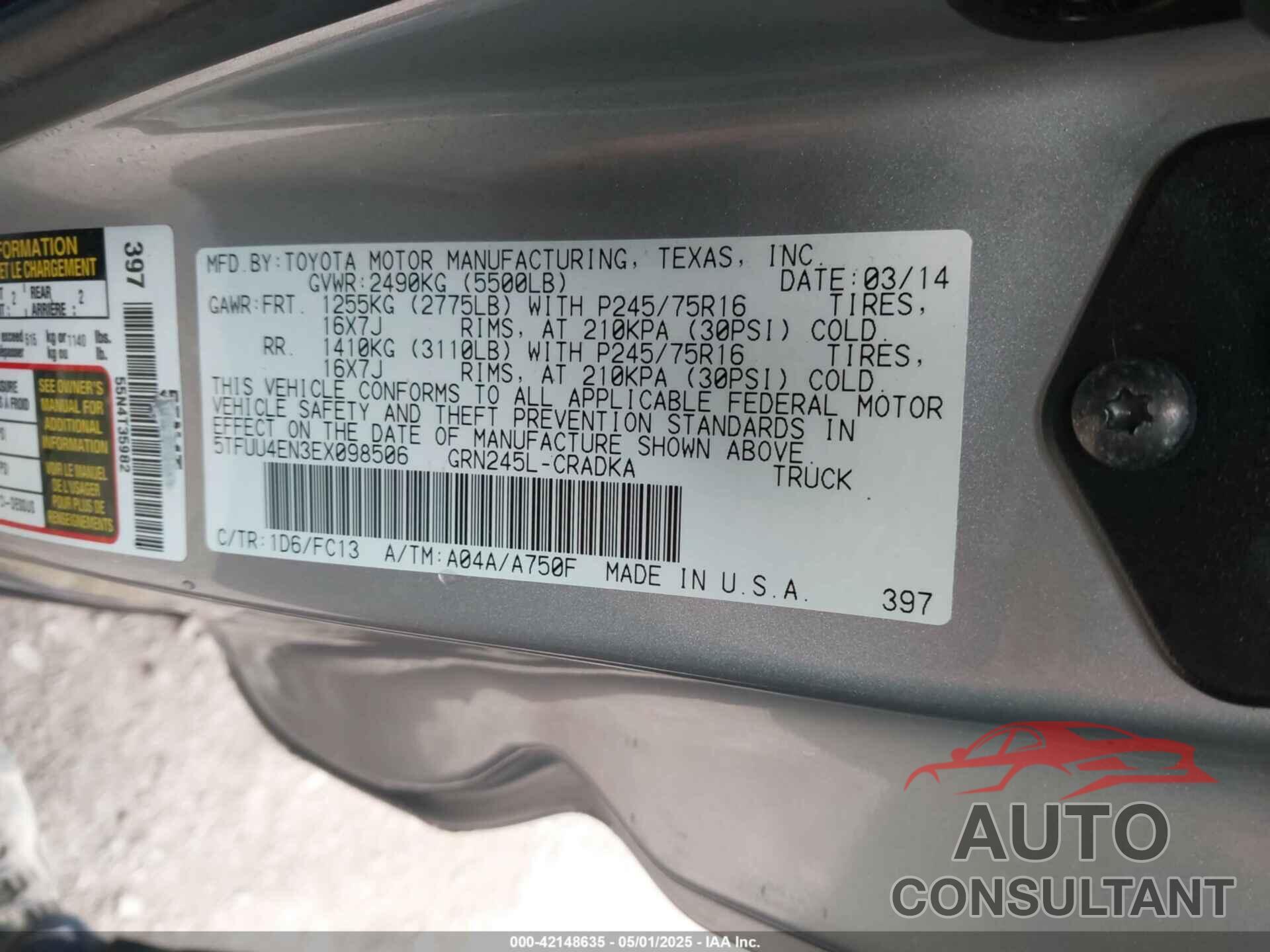 TOYOTA TACOMA 2014 - 5TFUU4EN3EX098506