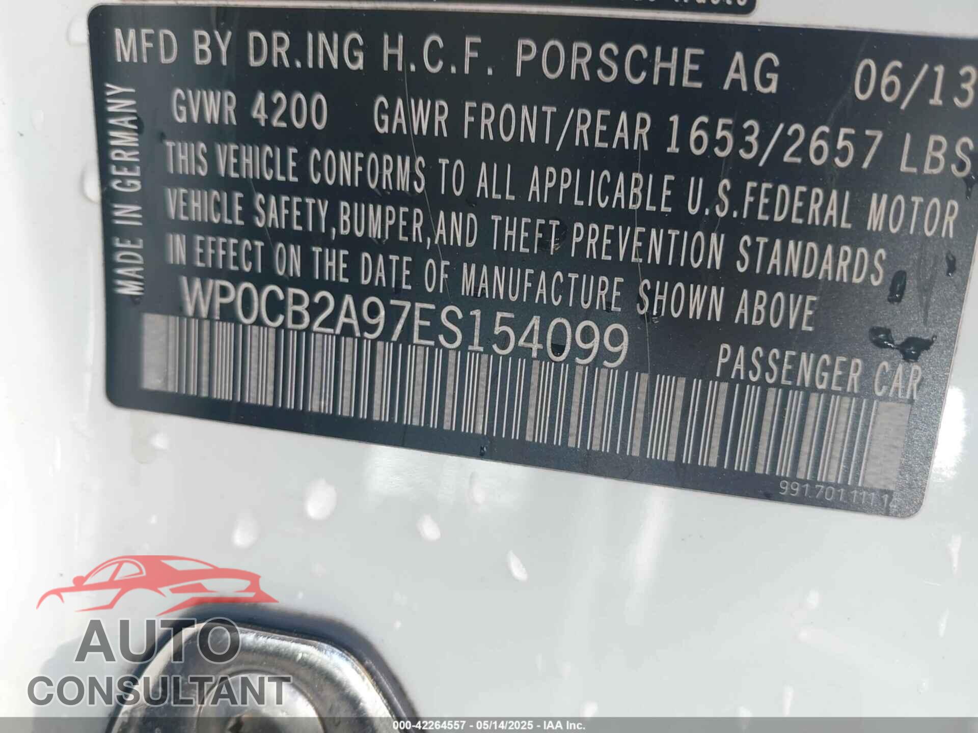 PORSCHE 911 2014 - WP0CB2A97ES154099