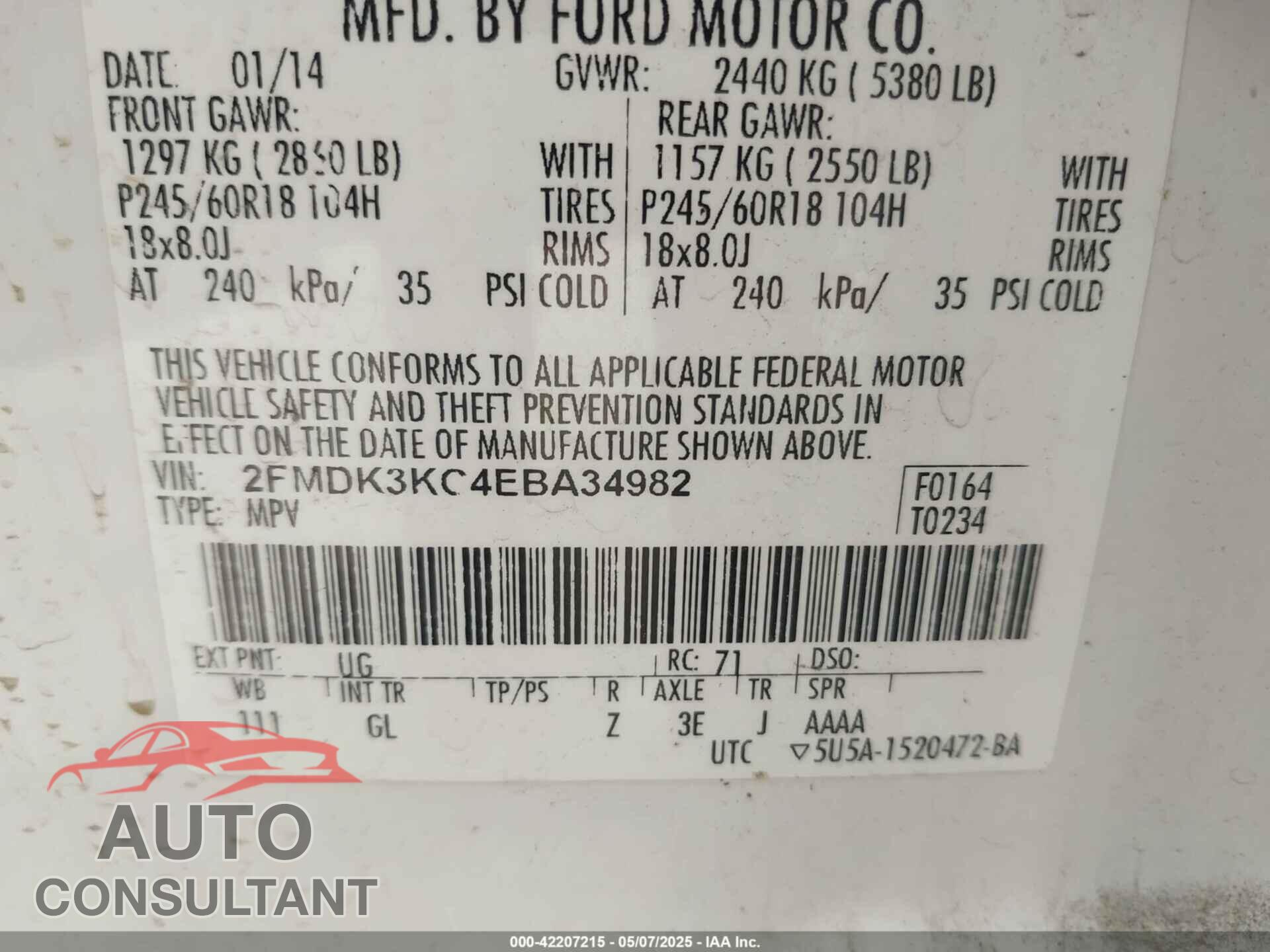 FORD EDGE 2014 - 2FMDK3KC4EBA34982