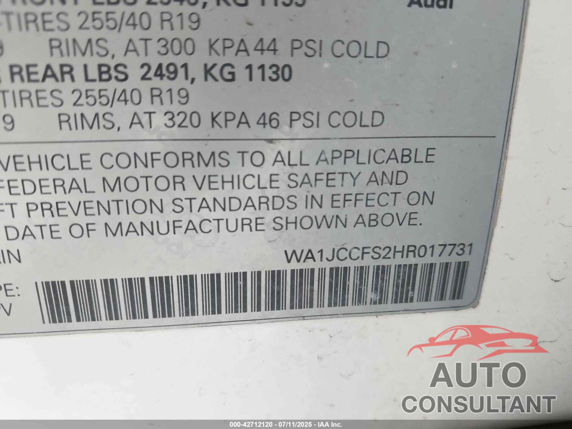AUDI Q3 2017 - WA1JCCFS2HR017731
