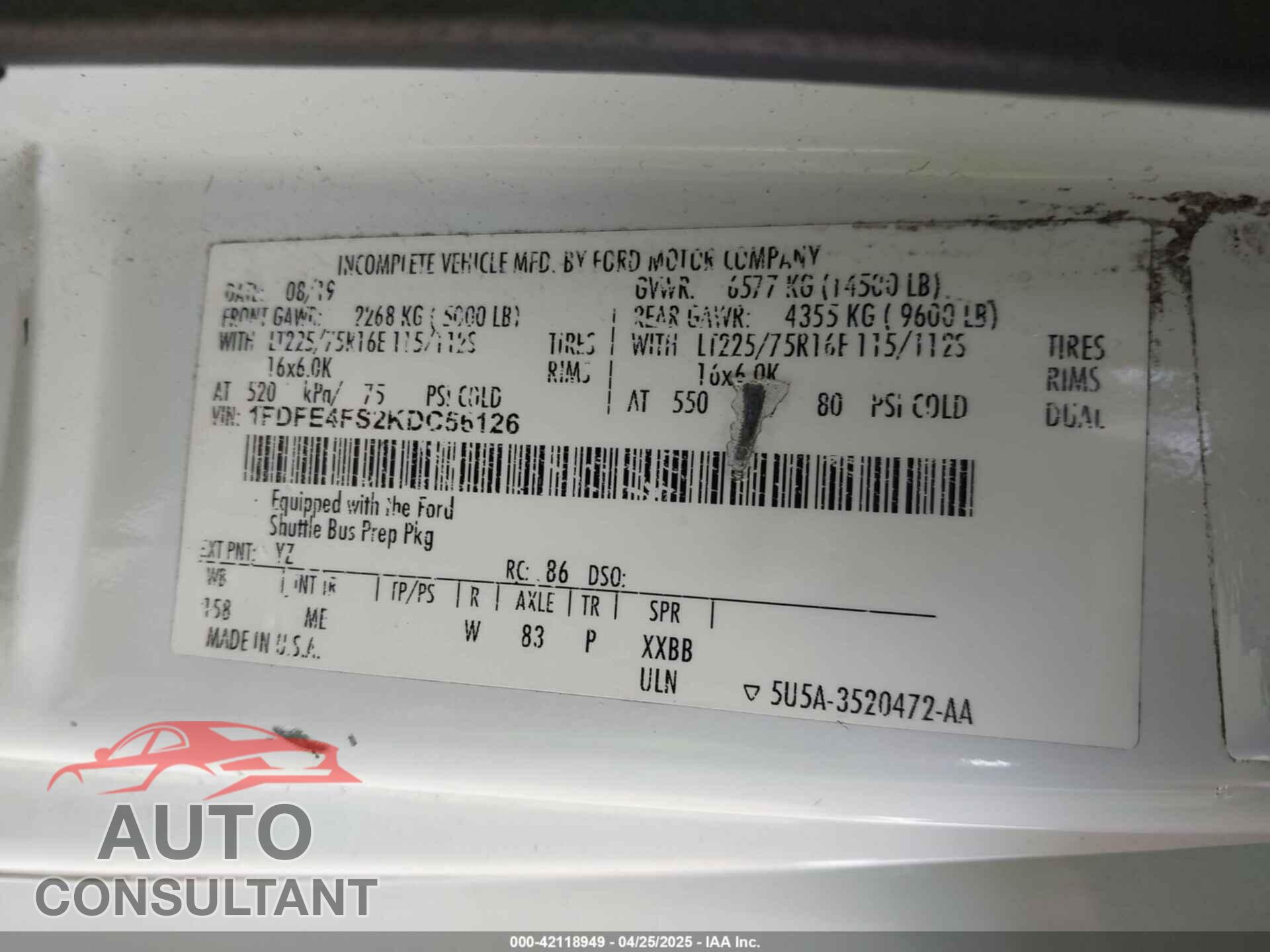 FORD E-450 CUTAWAY 2019 - 1FDFE4FS2KDC56126