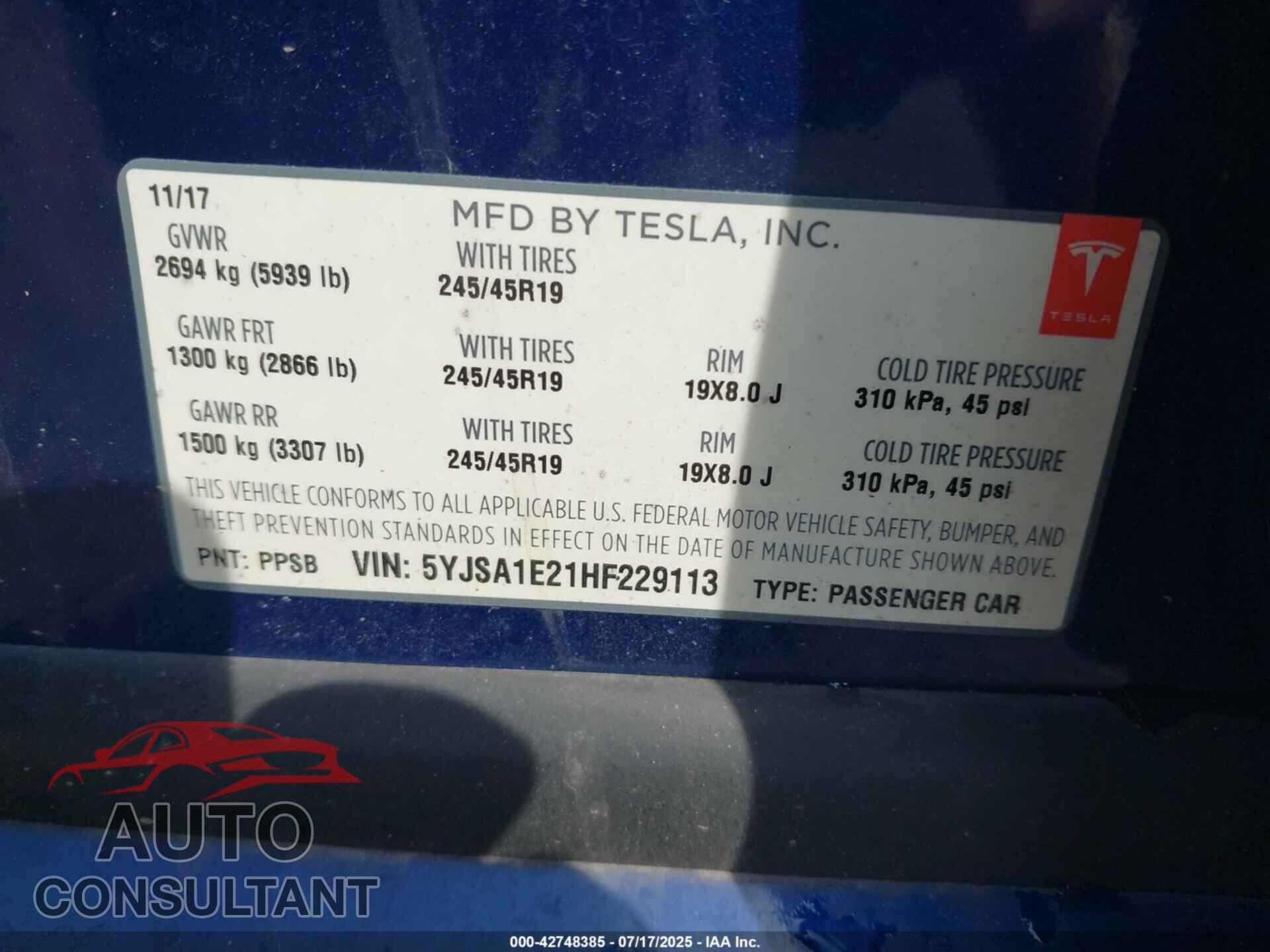 TESLA MODEL S 2017 - 5YJSA1E21HF229113