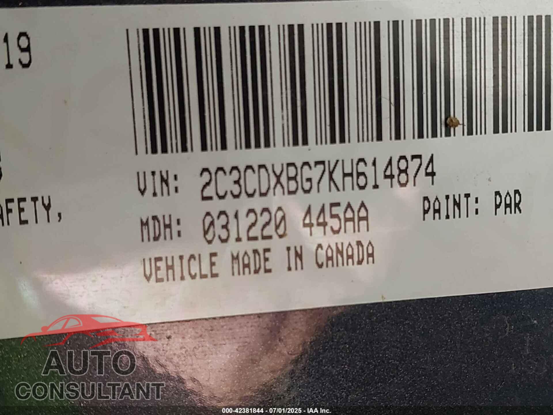 DODGE CHARGER 2019 - 2C3CDXBG7KH614874
