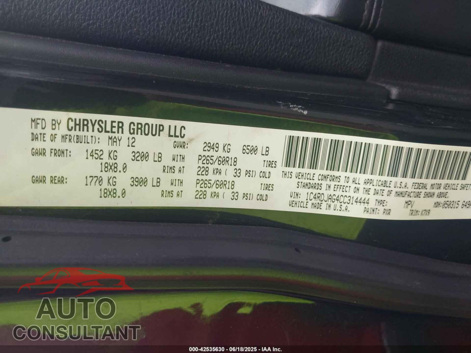 DODGE DURANGO 2012 - 1C4RDJAG4CC314444