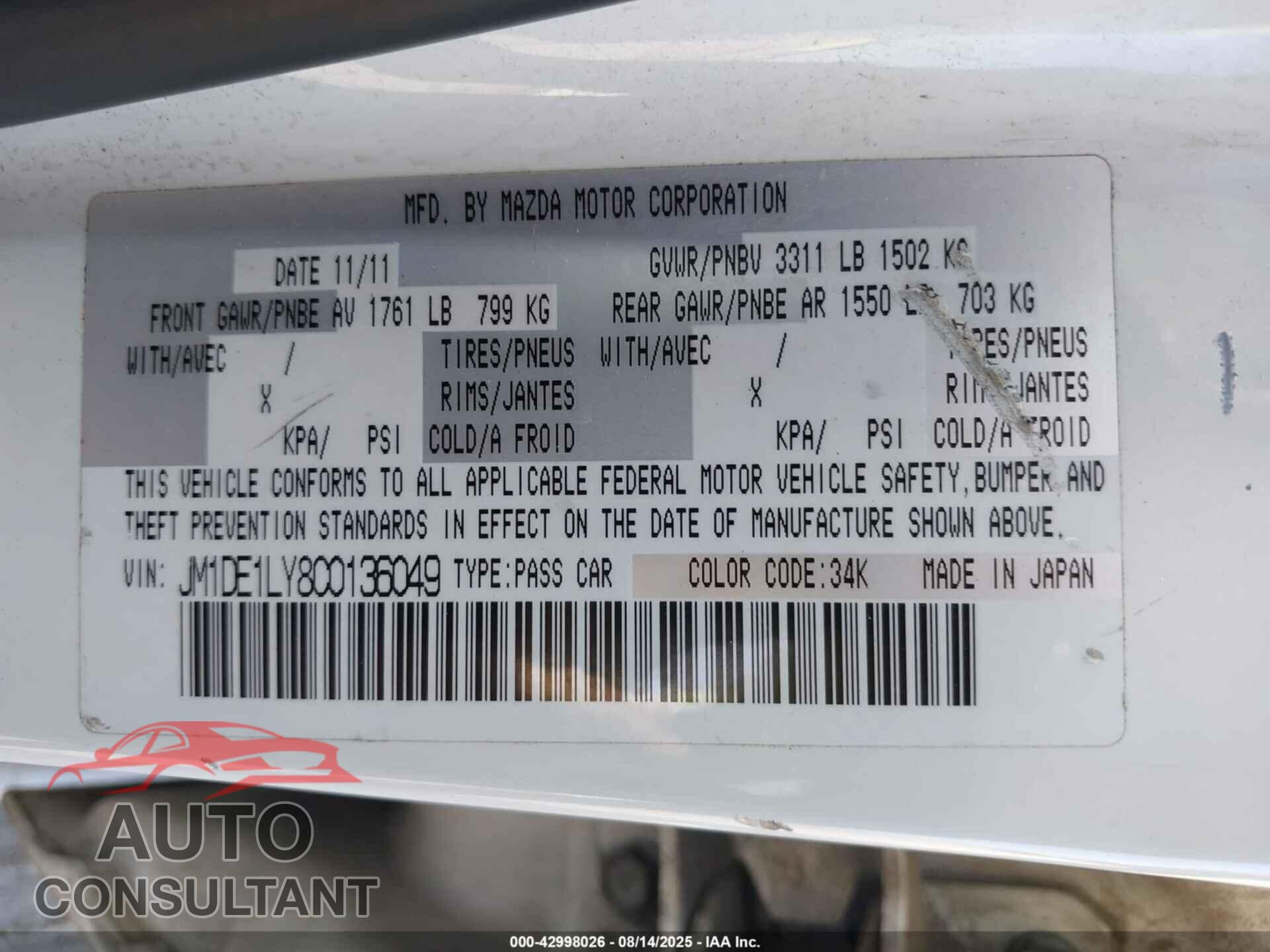 MAZDA MAZDA2 2012 - JM1DE1LY8C0136049