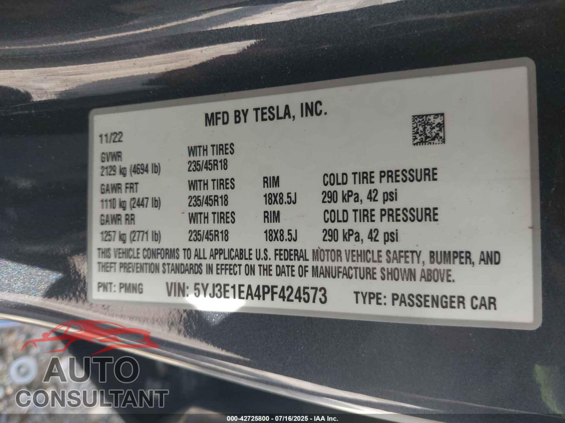 TESLA MODEL 3 2023 - 5YJ3E1EA4PF424573
