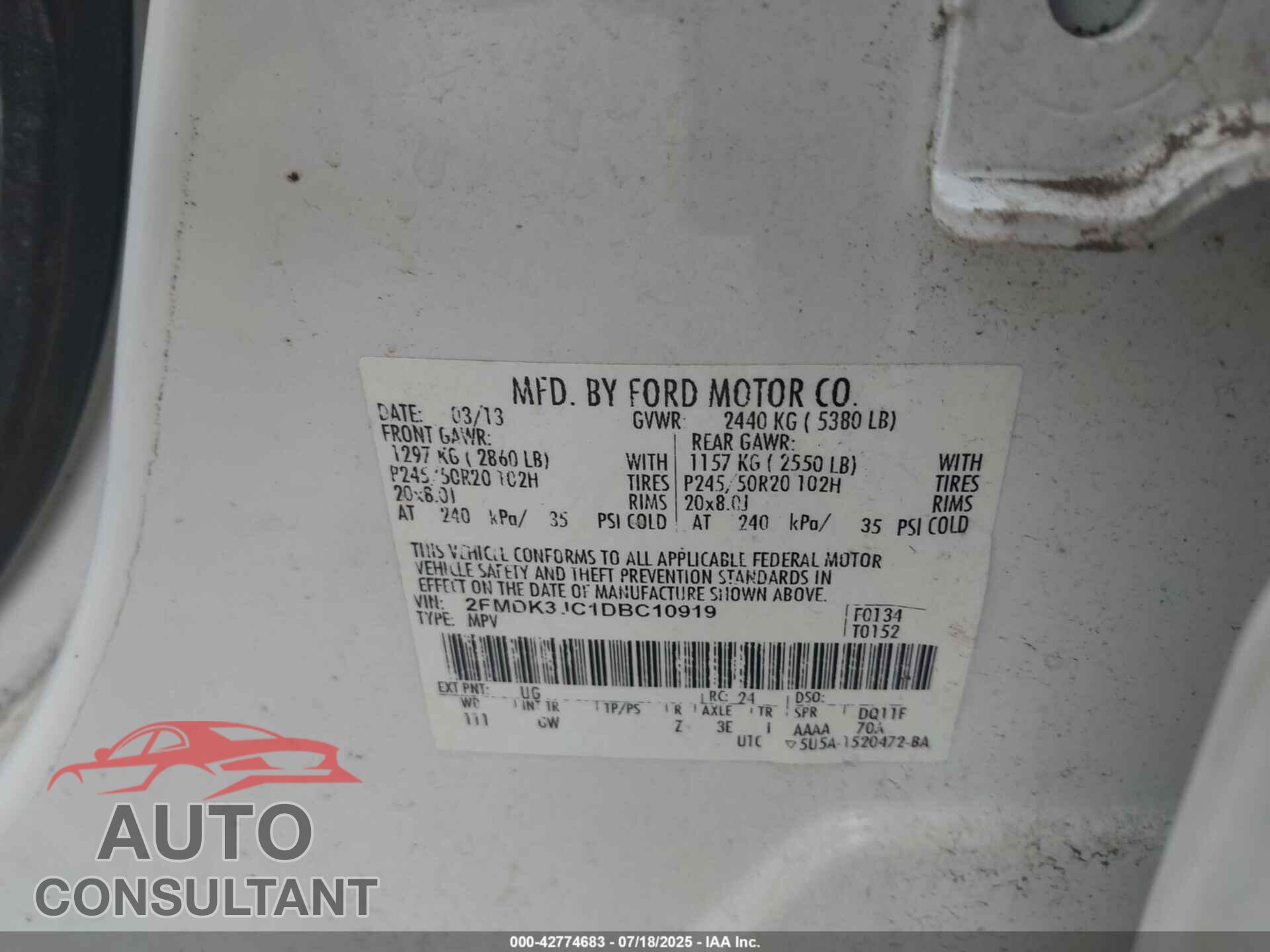 FORD EDGE 2013 - 2FMDK3JC1DBC10919