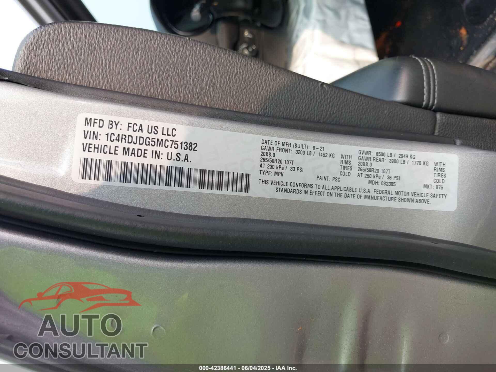 DODGE DURANGO 2021 - 1C4RDJDG5MC751382