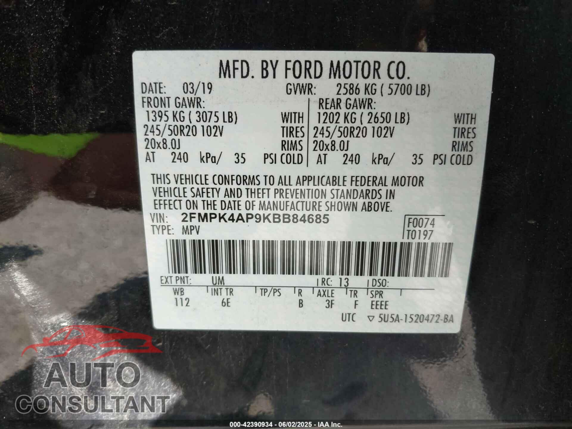 FORD EDGE 2019 - 2FMPK4AP9KBB84685