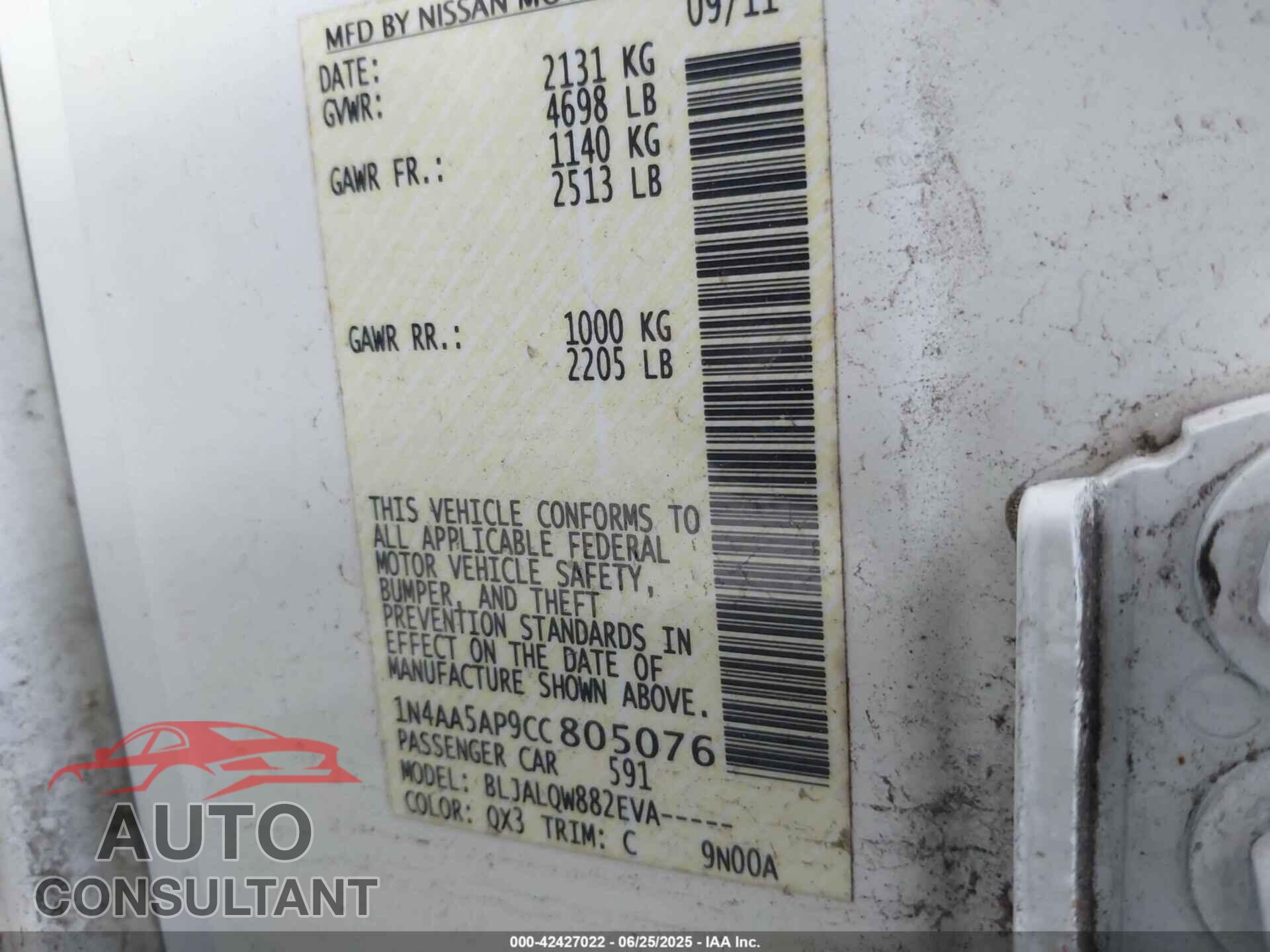 NISSAN MAXIMA 2012 - 1N4AA5AP9CC805076