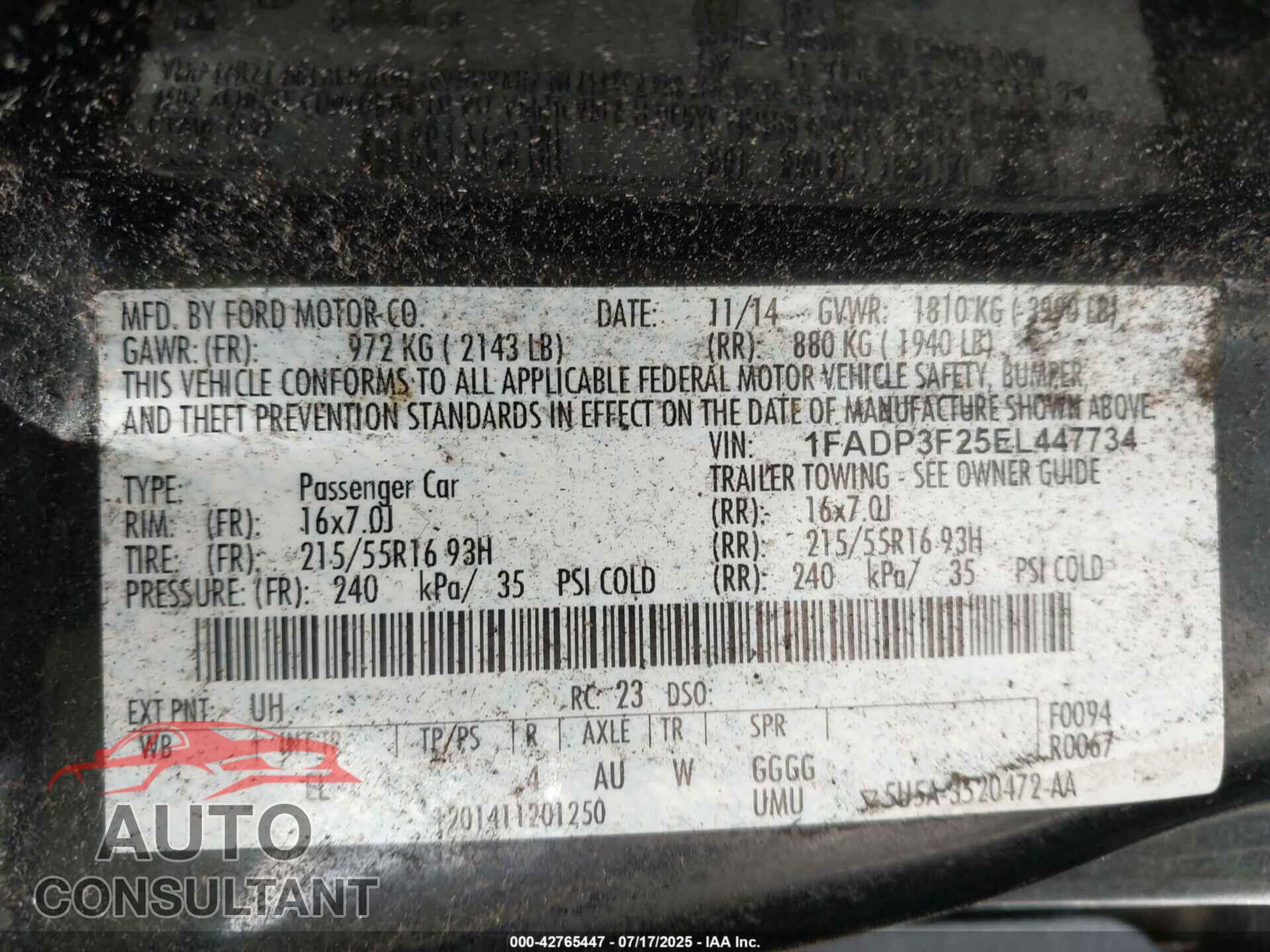 FORD FOCUS 2014 - 1FADP3F25EL447734