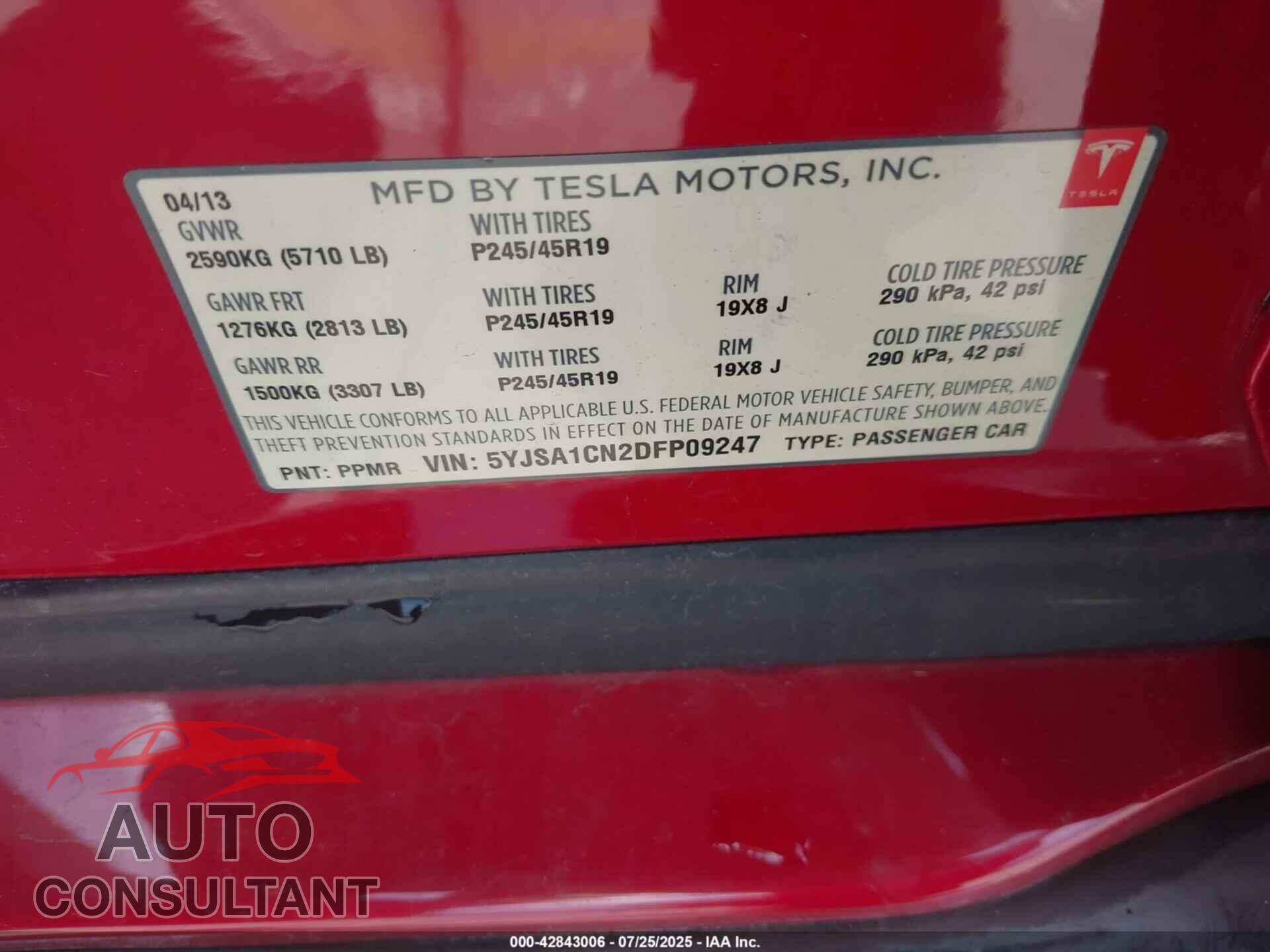 TESLA MODEL S 2013 - 5YJSA1CN2DFP09247