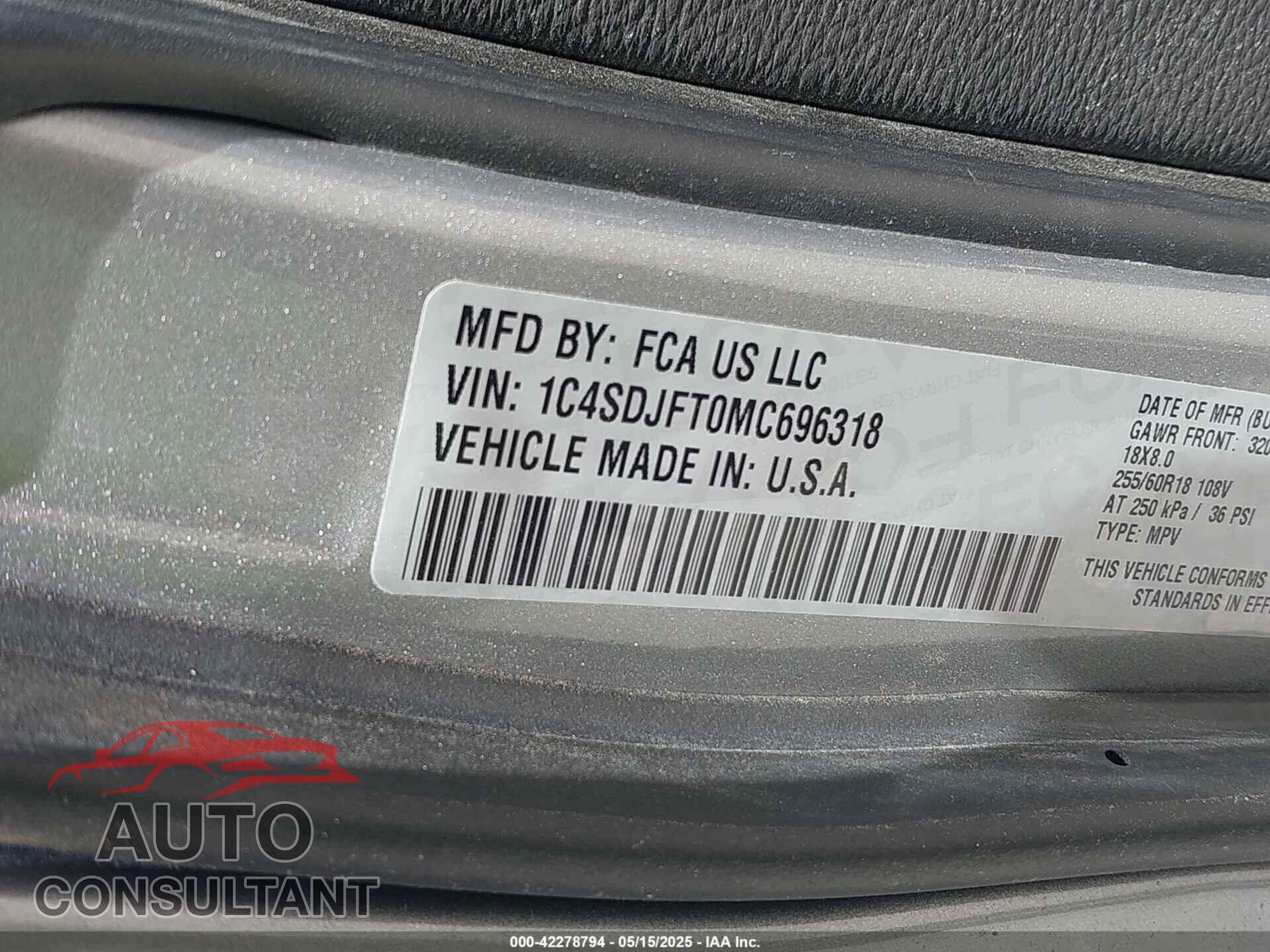 DODGE DURANGO 2021 - 1C4SDJFT0MC696318