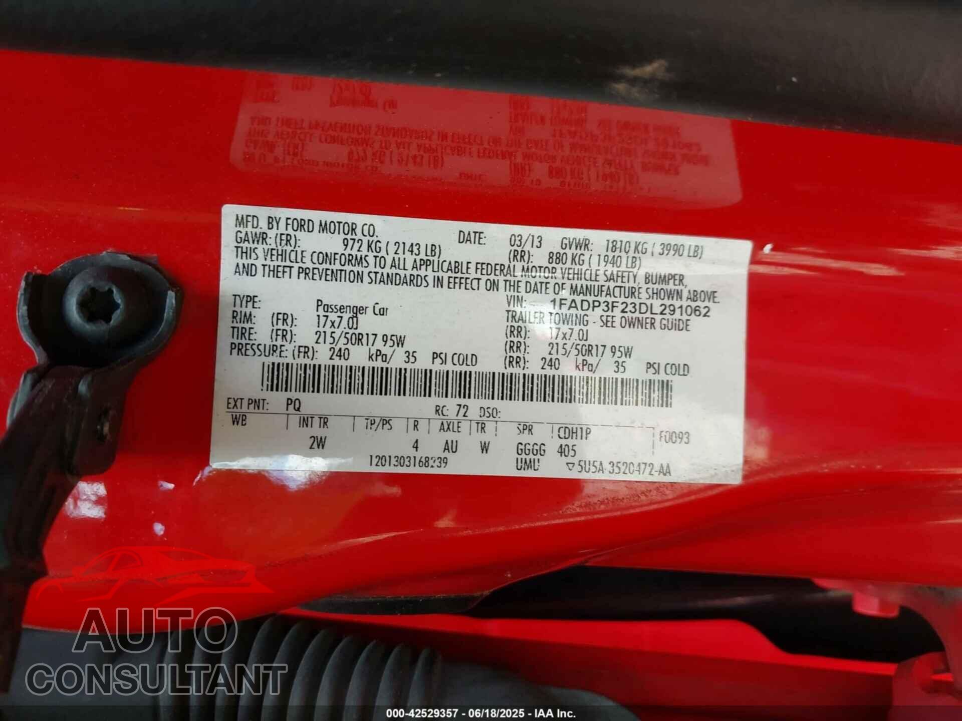 FORD FOCUS 2013 - 1FADP3F23DL291062