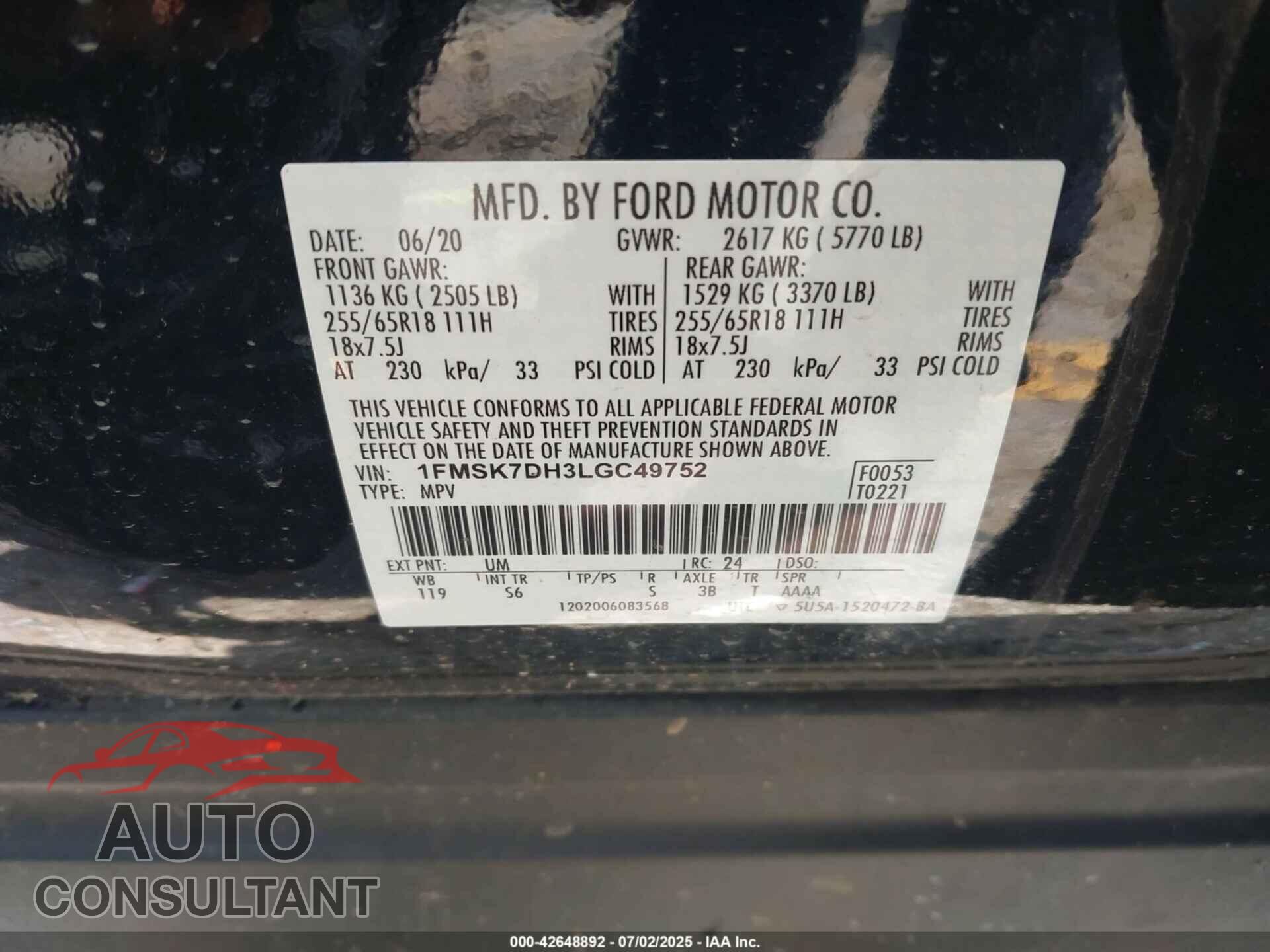 FORD EXPLORER 2020 - 1FMSK7DH3LGC49752