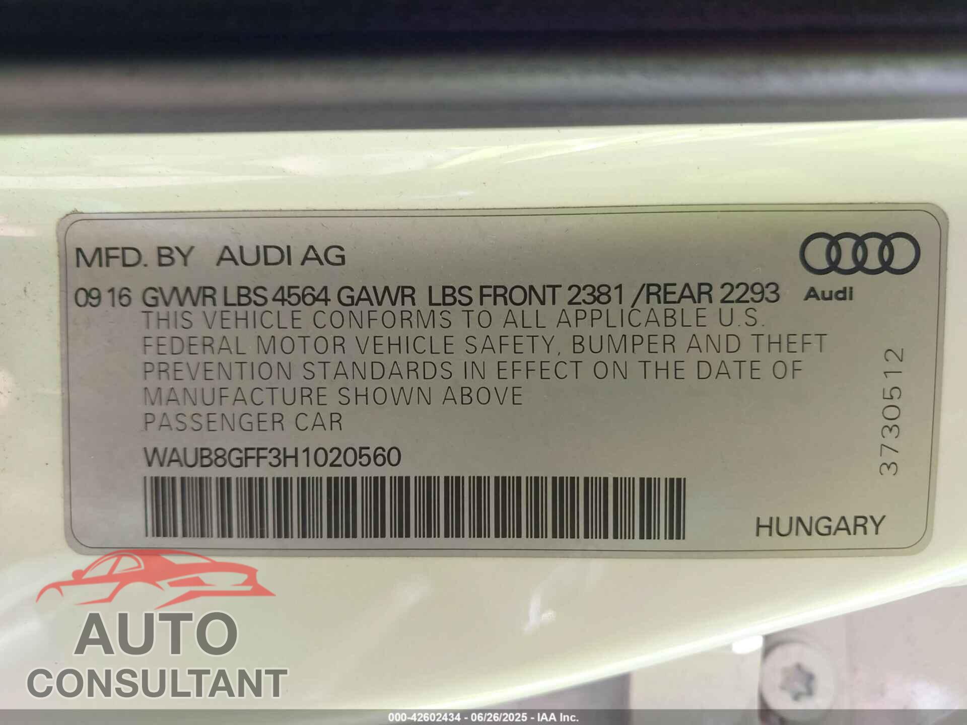 AUDI A3 2017 - WAUB8GFF3H1020560