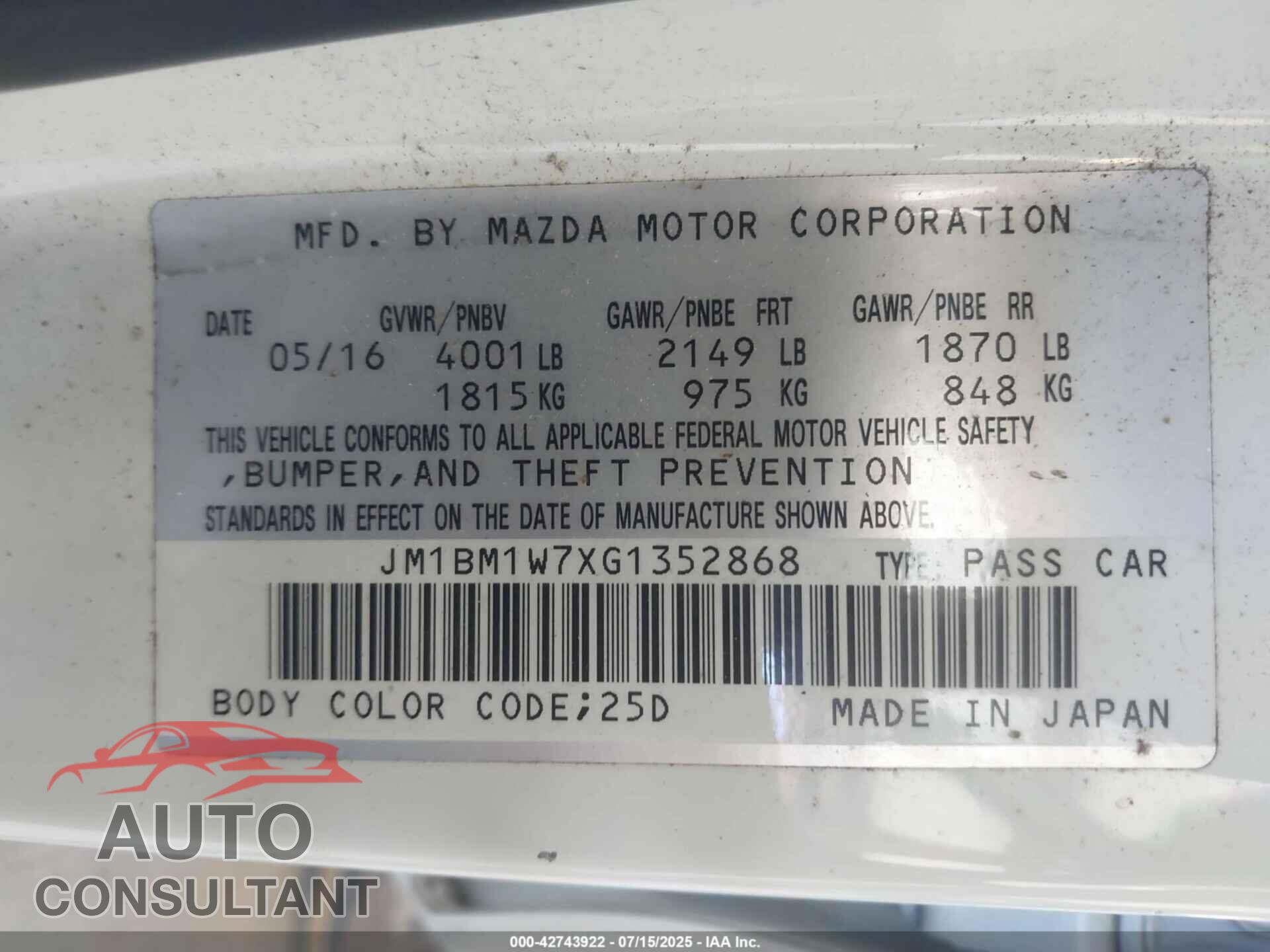 MAZDA MAZDA3 2016 - JM1BM1W7XG1352868