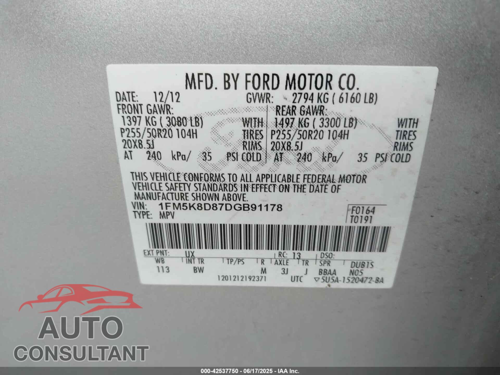 FORD EXPLORER 2013 - 1FM5K8D87DGB91178