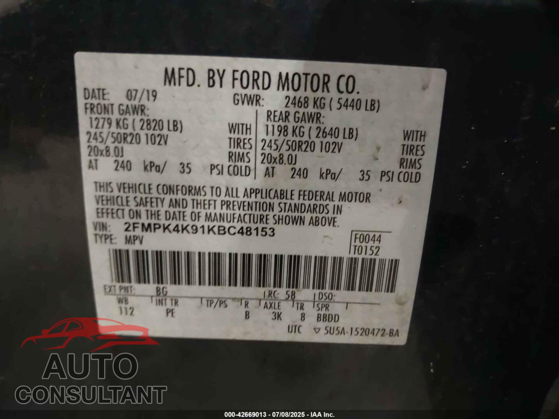 FORD EDGE 2019 - 2FMPK4K91KBC48153