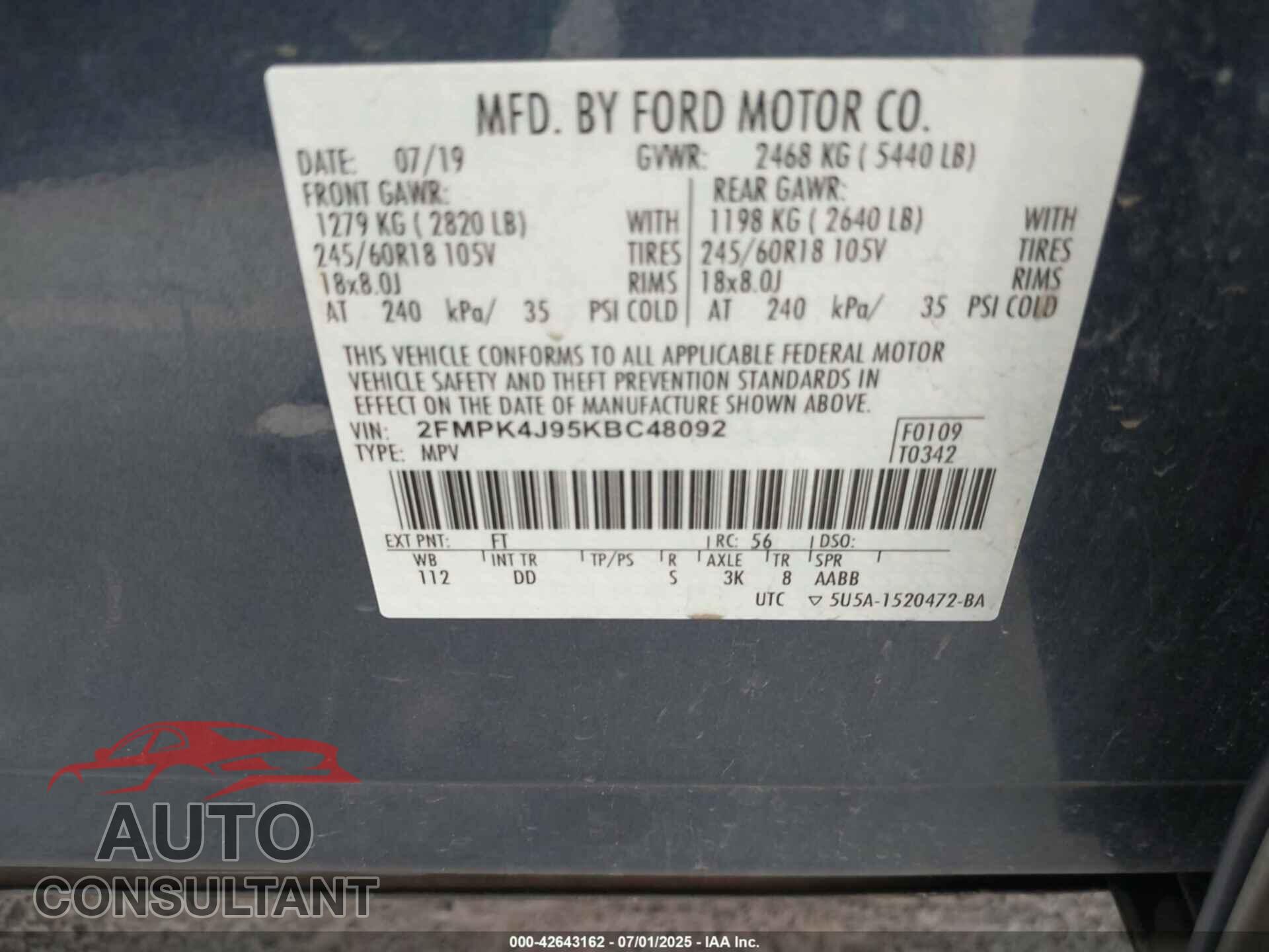 FORD EDGE 2019 - 2FMPK4J95KBC48092