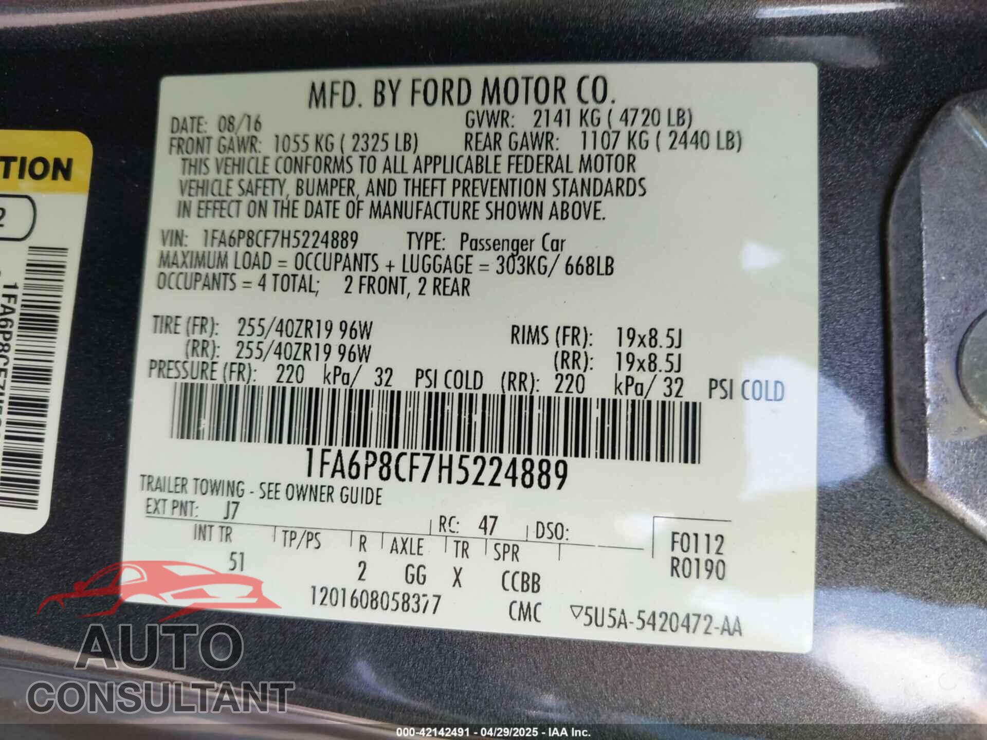 FORD MUSTANG 2017 - 1FA6P8CF7H5224889