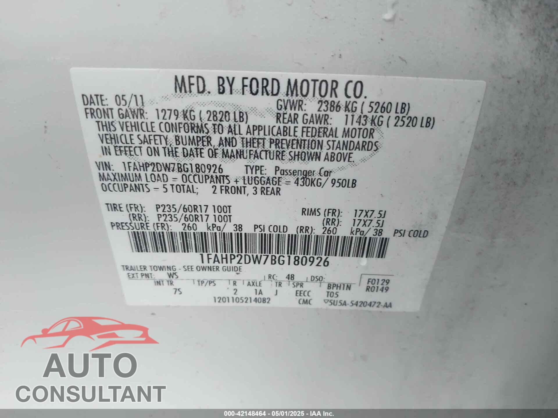 FORD TAURUS 2011 - 1FAHP2DW7BG180926