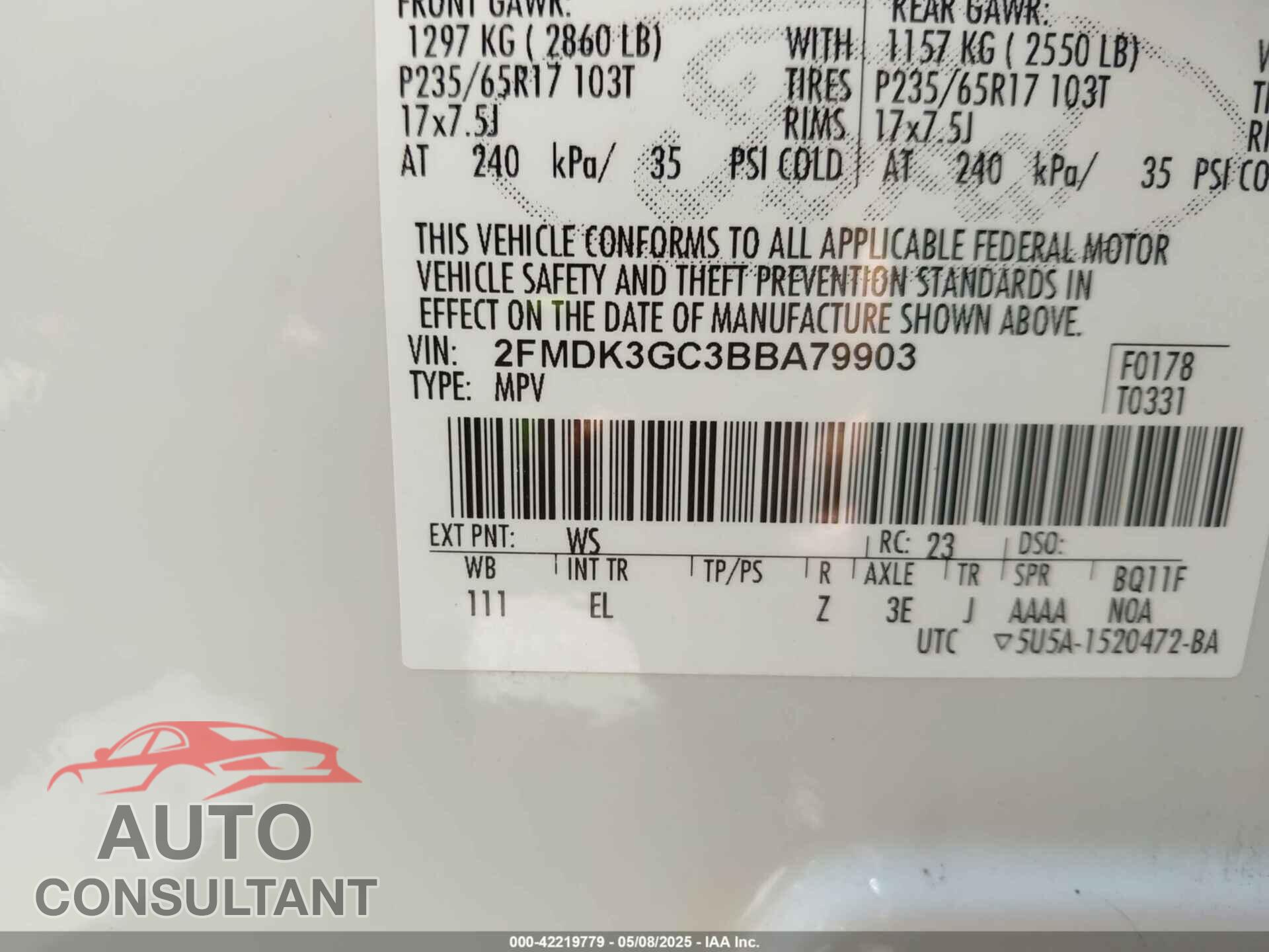 FORD EDGE 2011 - 2FMDK3GC3BBA79903
