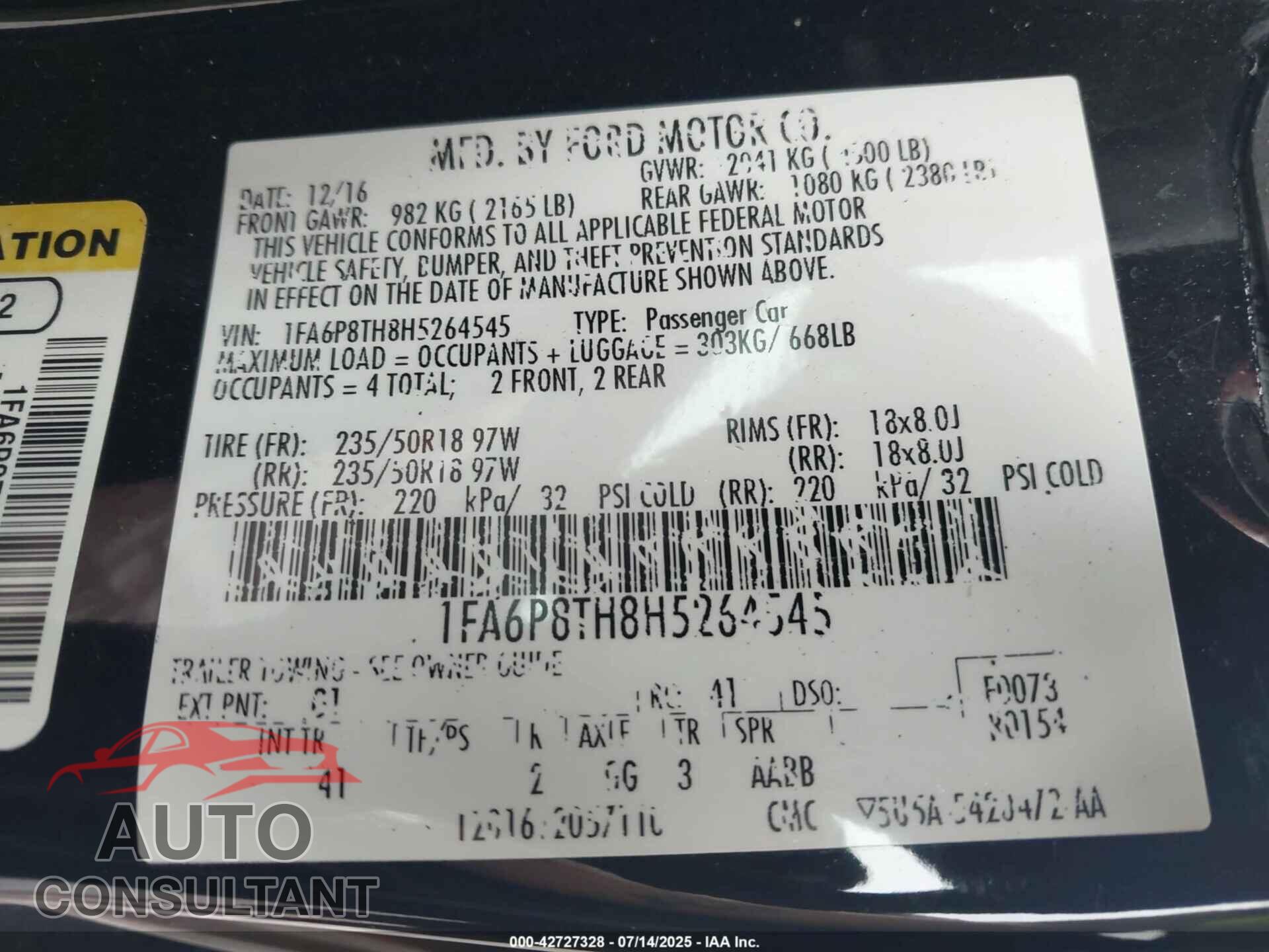 FORD MUSTANG 2017 - 1FA6P8TH8H5264545