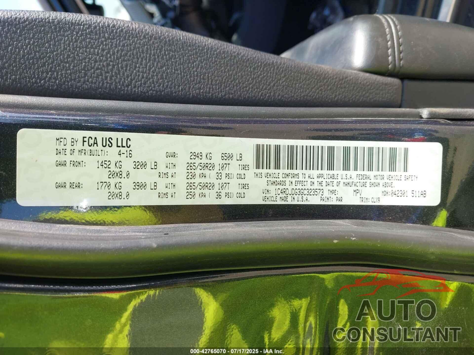 DODGE DURANGO 2016 - 1C4RDJDG3GC323573