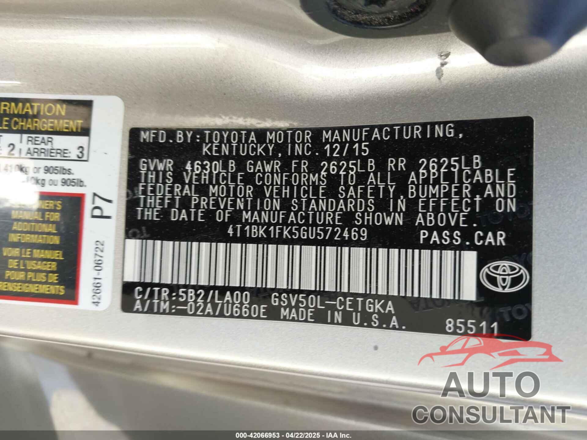 TOYOTA CAMRY 2016 - 4T1BK1FK5GU572469