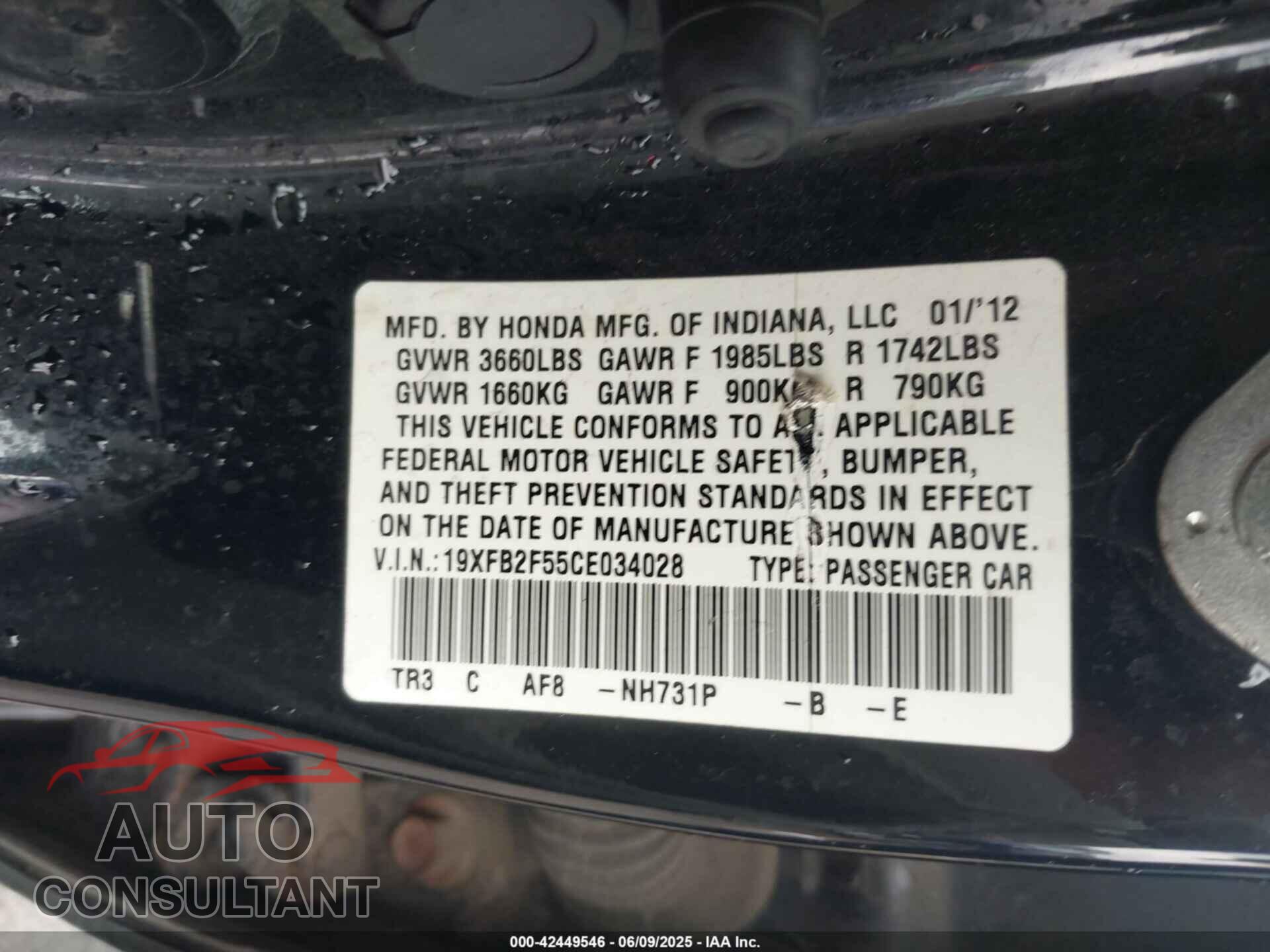 HONDA CIVIC 2012 - 19XFB2F55CE034028