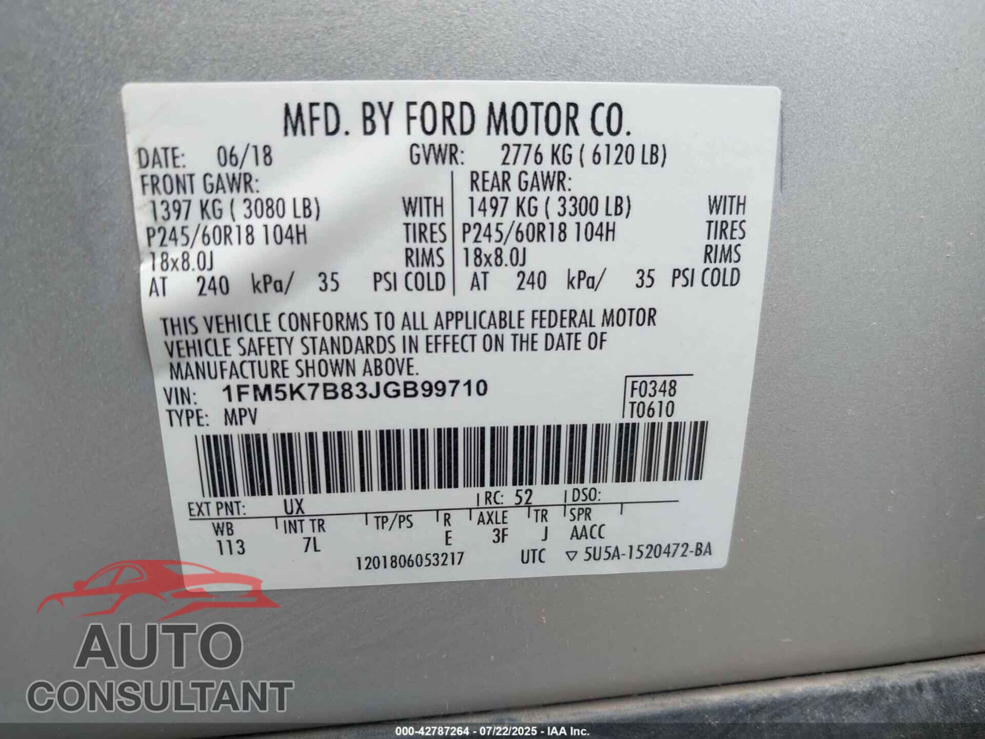 FORD EXPLORER 2018 - 1FM5K7B83JGB99710