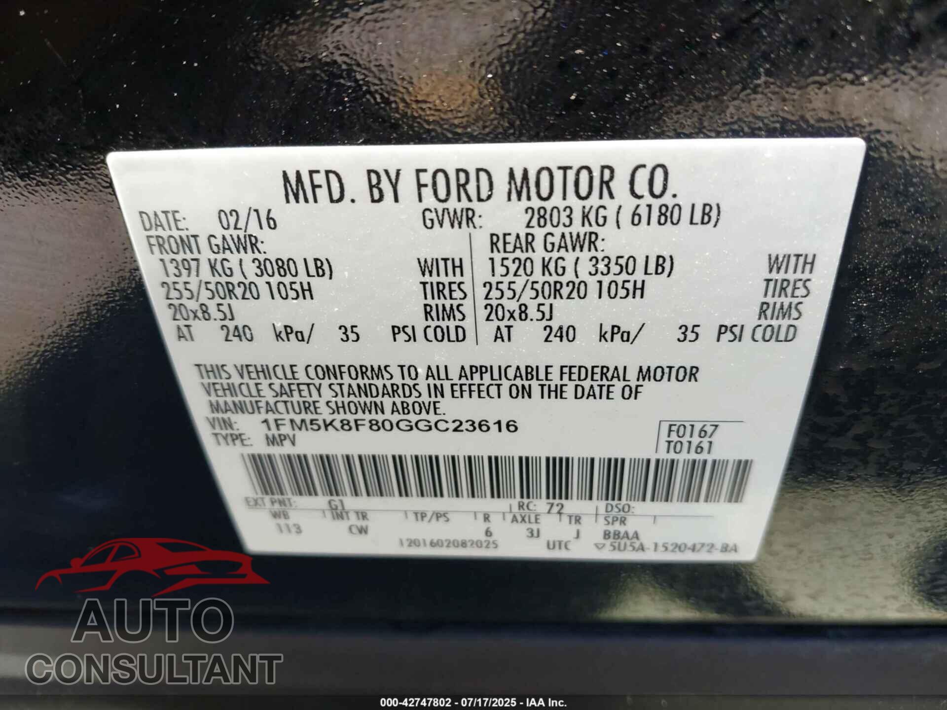 FORD EXPLORER 2016 - 1FM5K8F80GGC23616