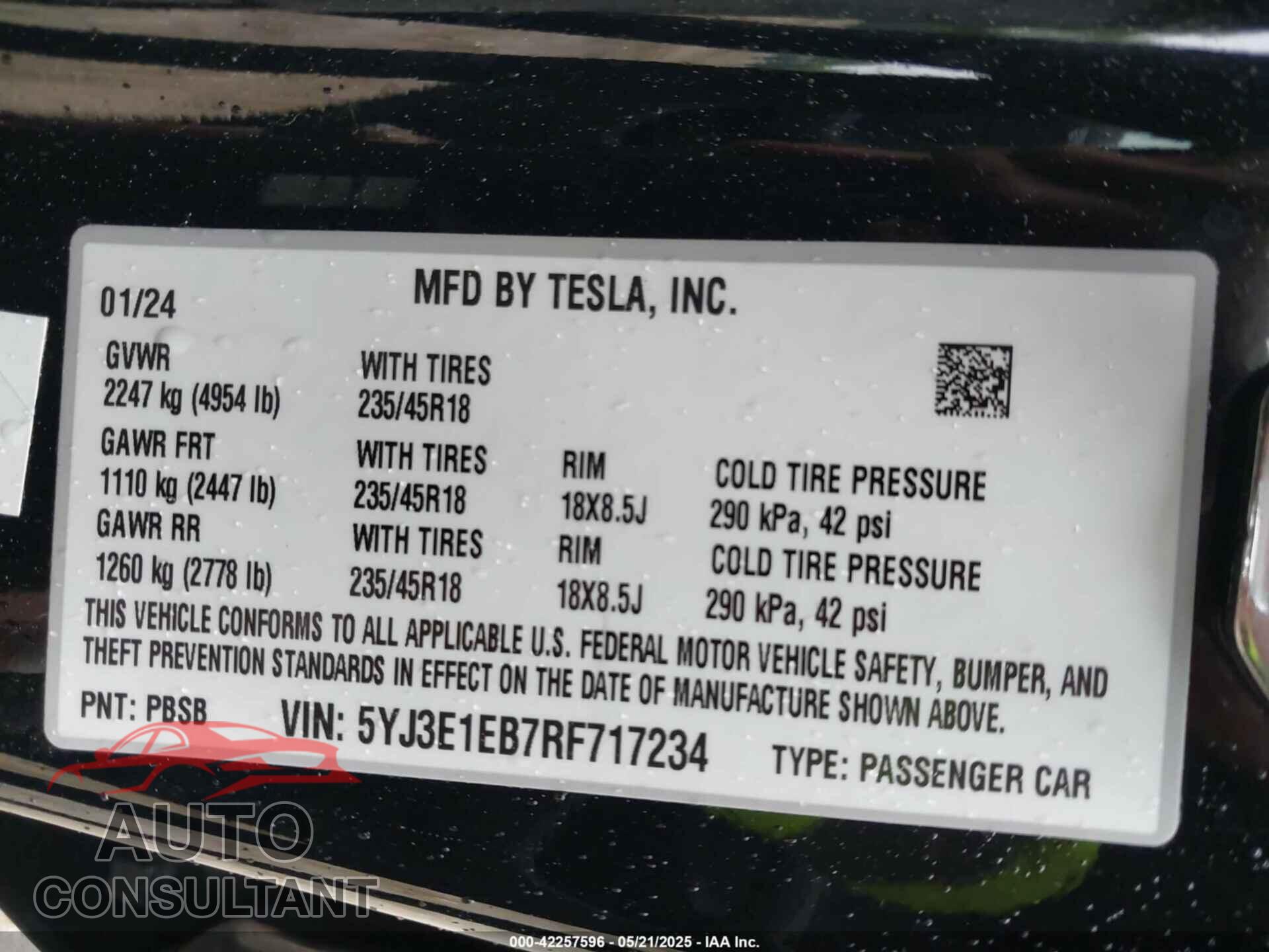 TESLA MODEL 3 2024 - 5YJ3E1EB7RF717234