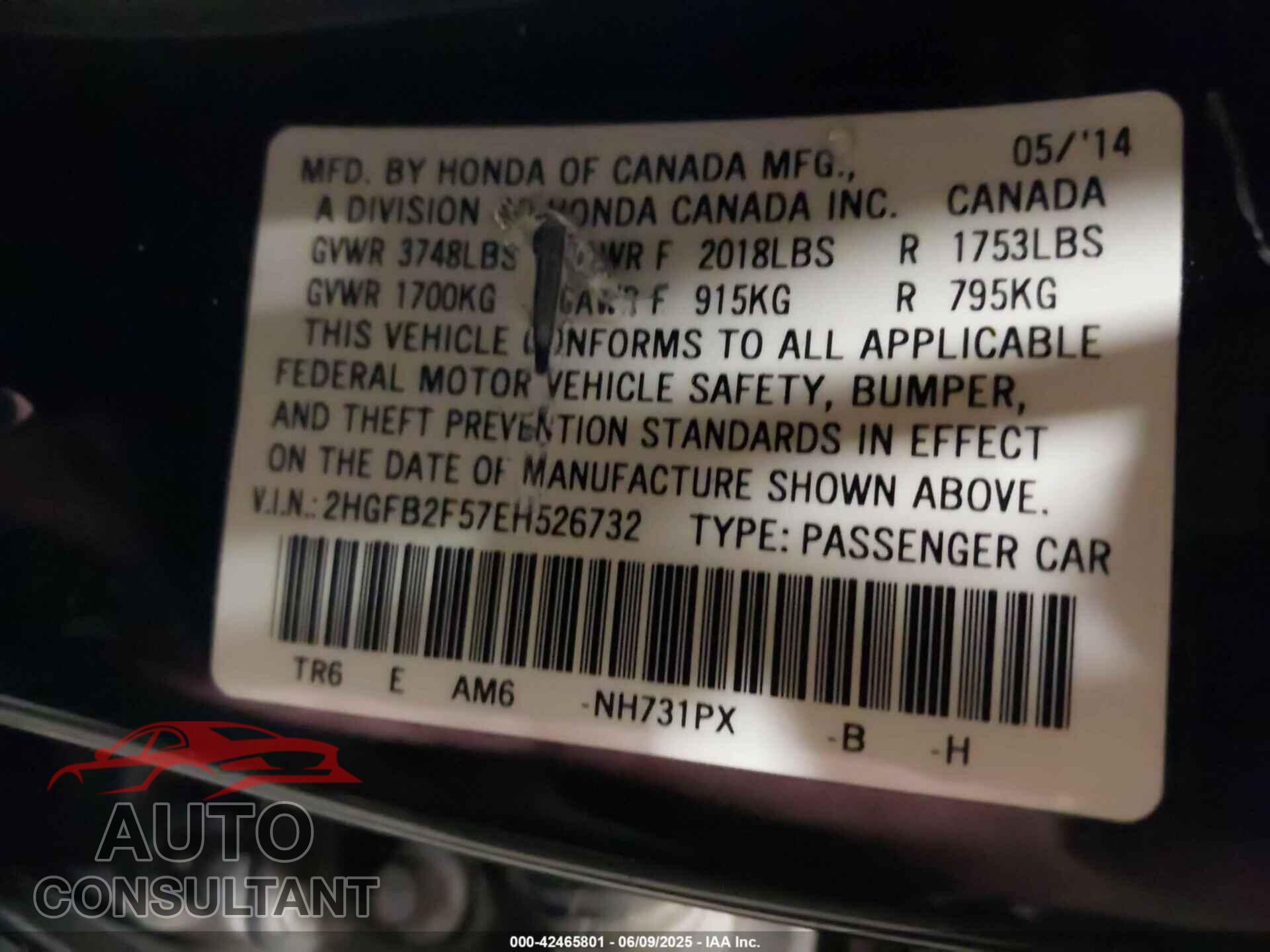 HONDA CIVIC 2014 - 2HGFB2F57EH526732