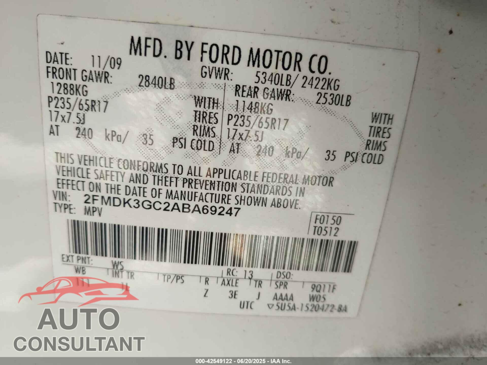 FORD EDGE 2010 - 2FMDK3GC2ABA69247