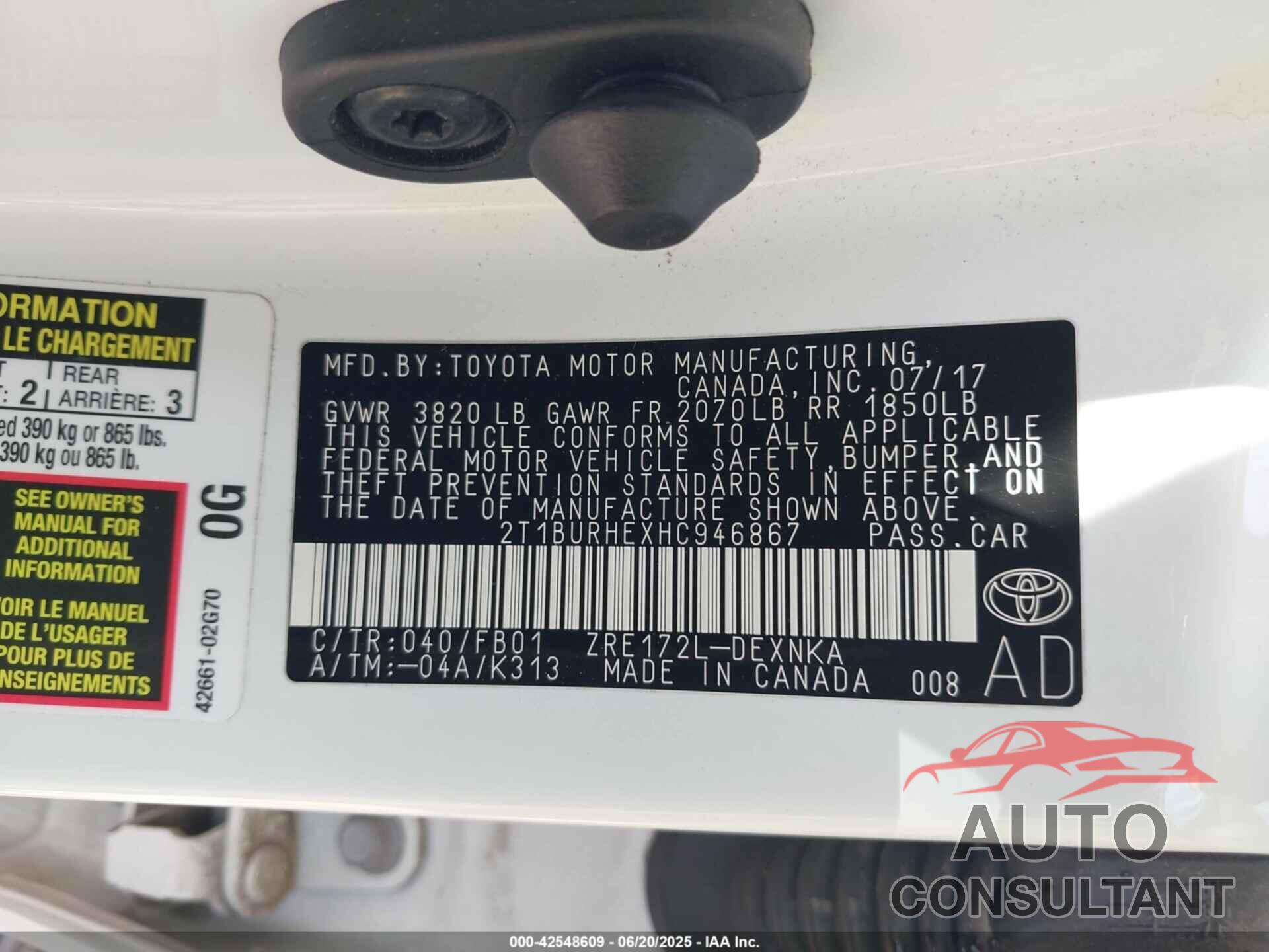 TOYOTA COROLLA 2017 - 2T1BURHEXHC946867